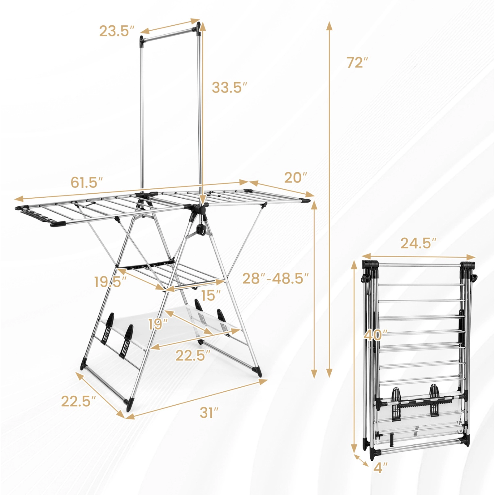 SUGIFT Silver 80-lb Capacity Stainless Steel Clothes Drying Rack with 6-Level Height and Top Hanger Bar