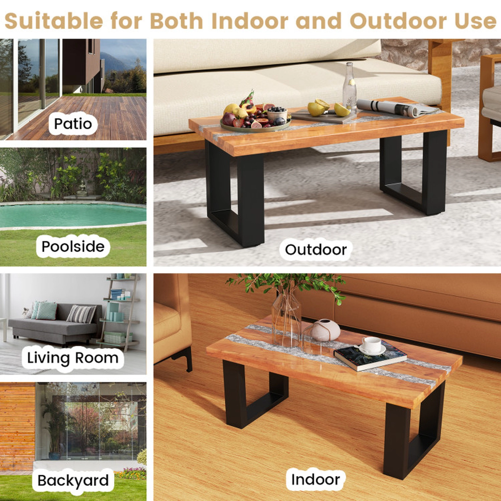 SUGIFT Teak Wood Patio Coffee Table with River Feel HDPE Tabletop 46-lb Tabletop Capacity Natural