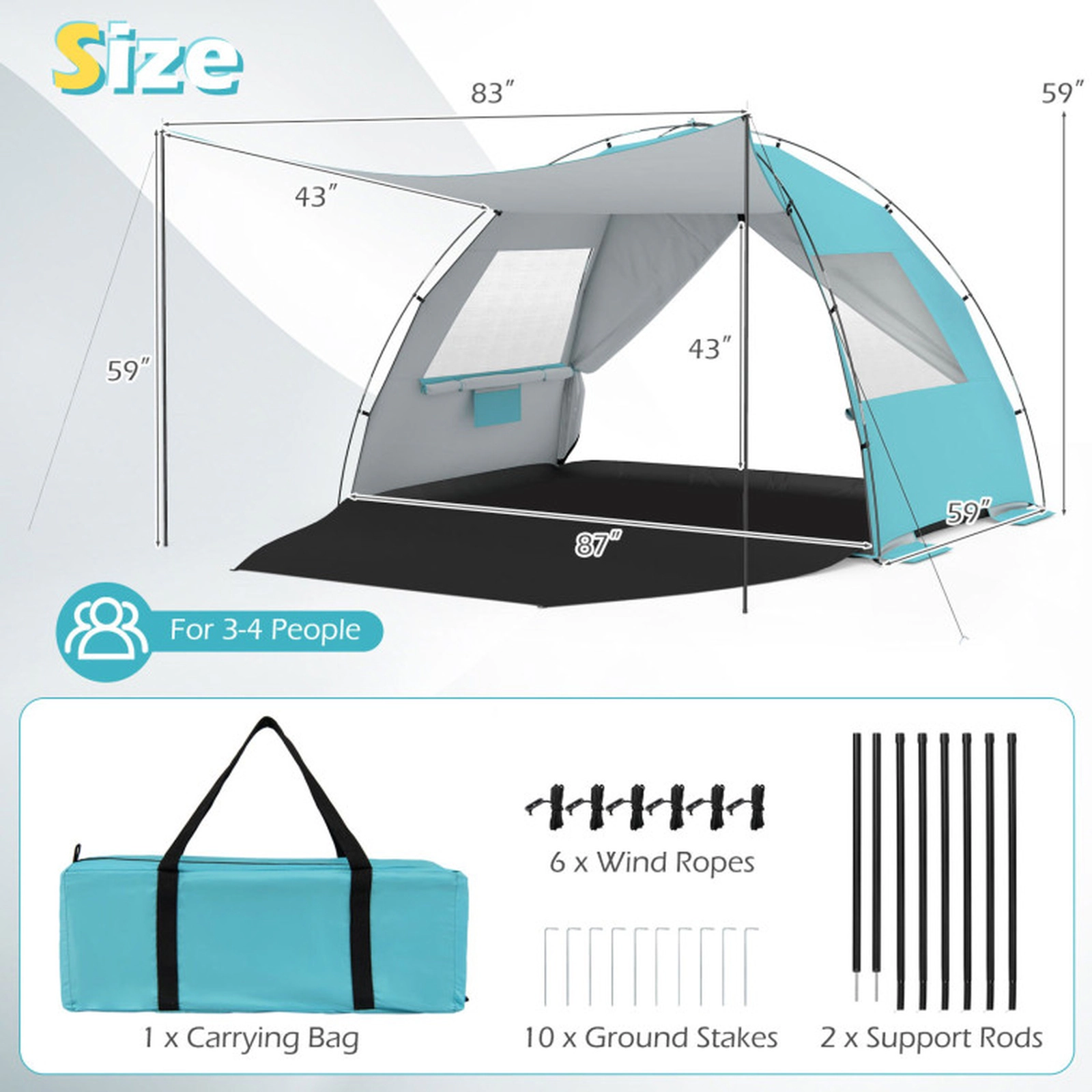 SUGIFT Blue Beach Tent Sun Shelter with Extended Floor 2 Vent Windows and 10 Stakes 87-in W 59-in D 59-in H