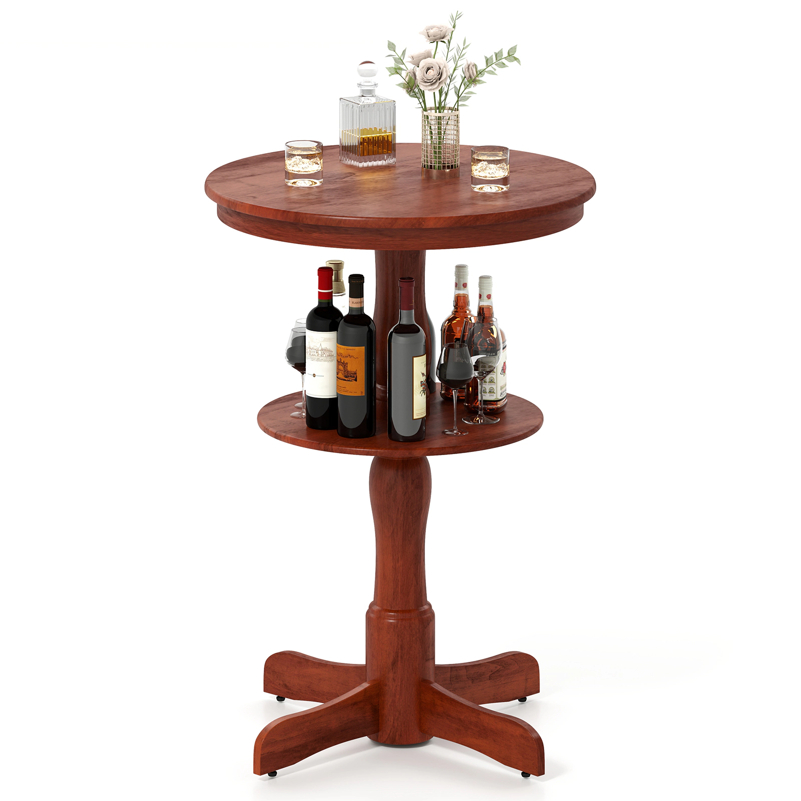 LJG 2-Tier Round High Top Bar Table with Storage Shelf and Pedestal Base