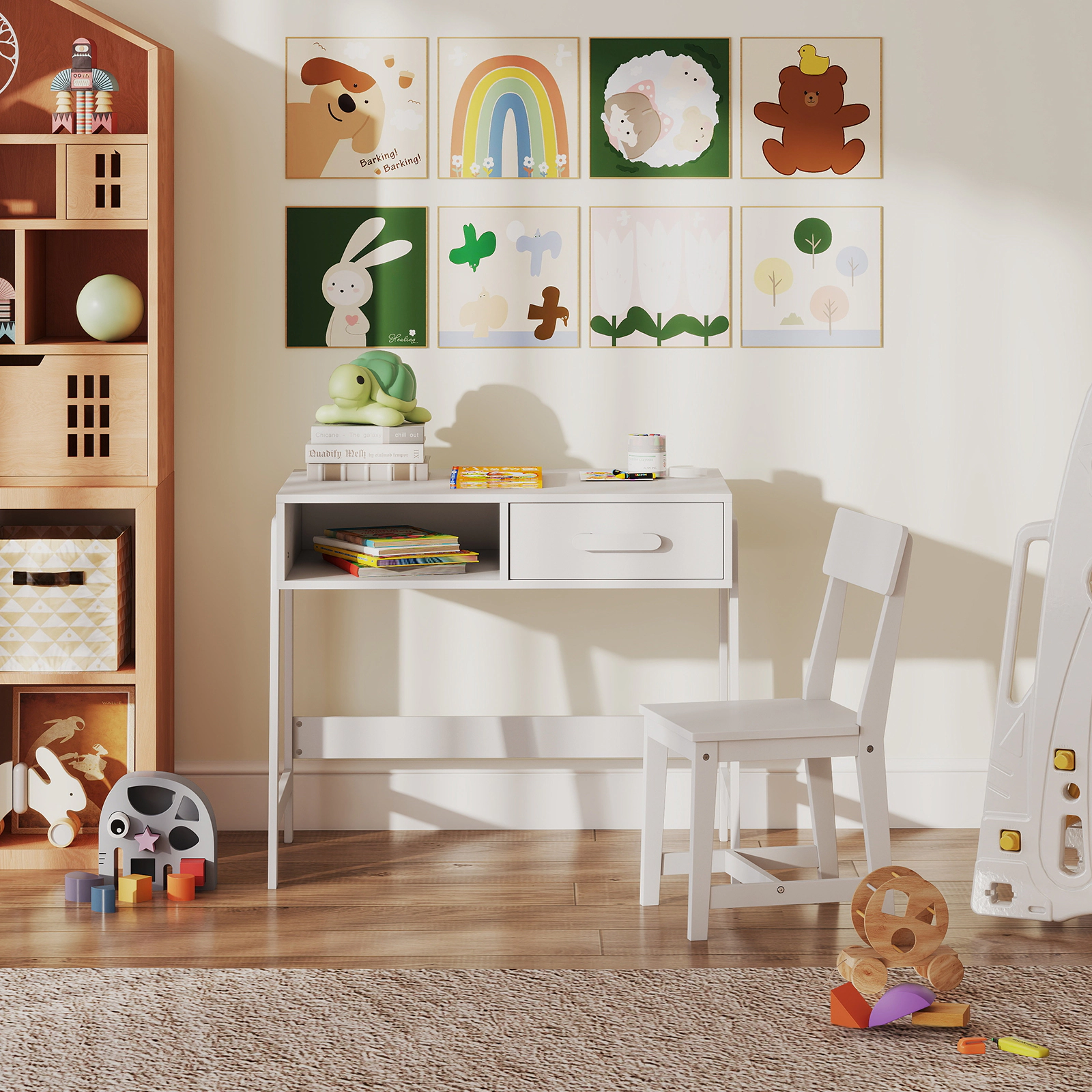 SUGIFT Kids Desk and Chair Set, White Study Desk with Hutch and Storage Drawer