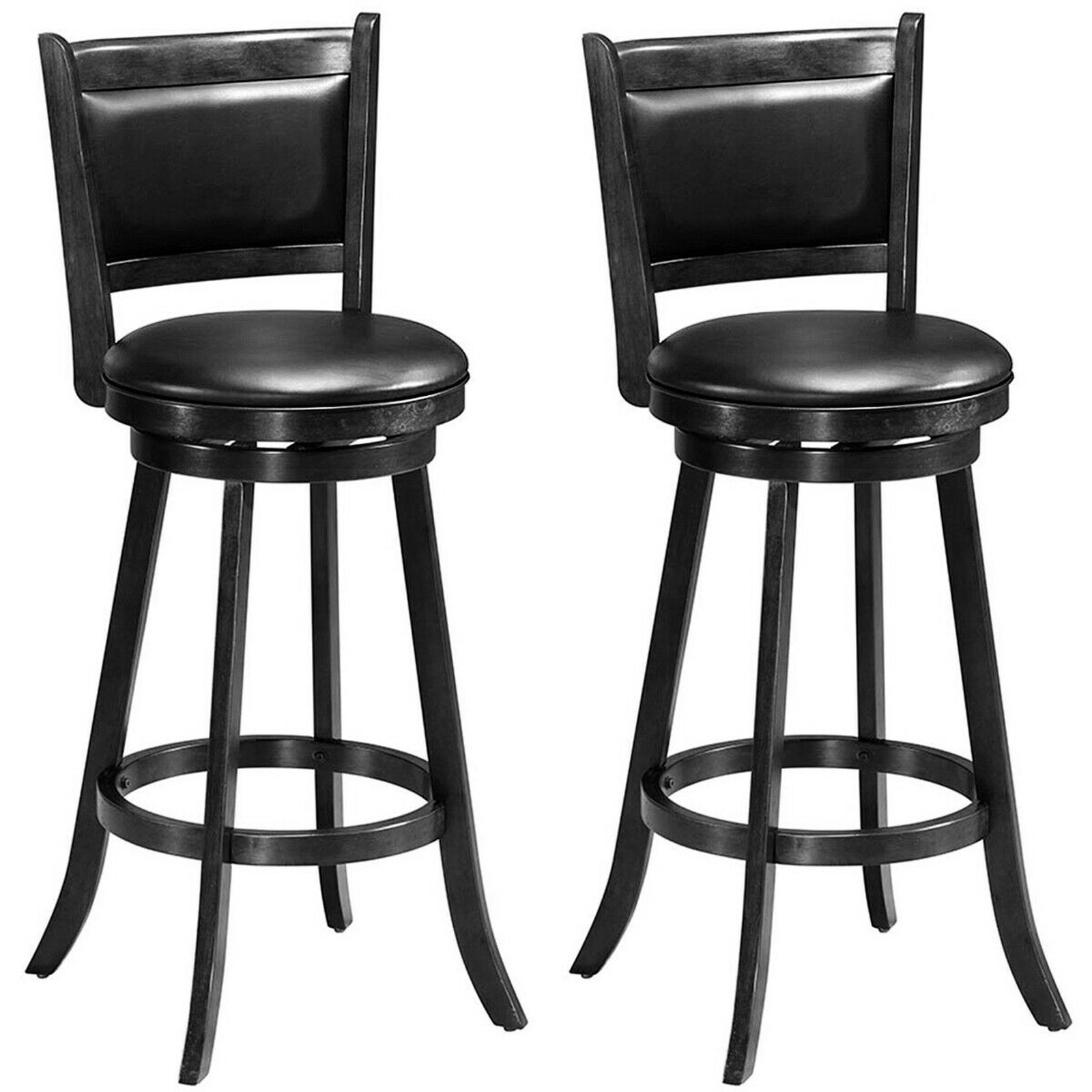 SUGIFT Set of 2 Black 29-Inch Swivel Bar Stools with Panel Back and PVC Padded Seats