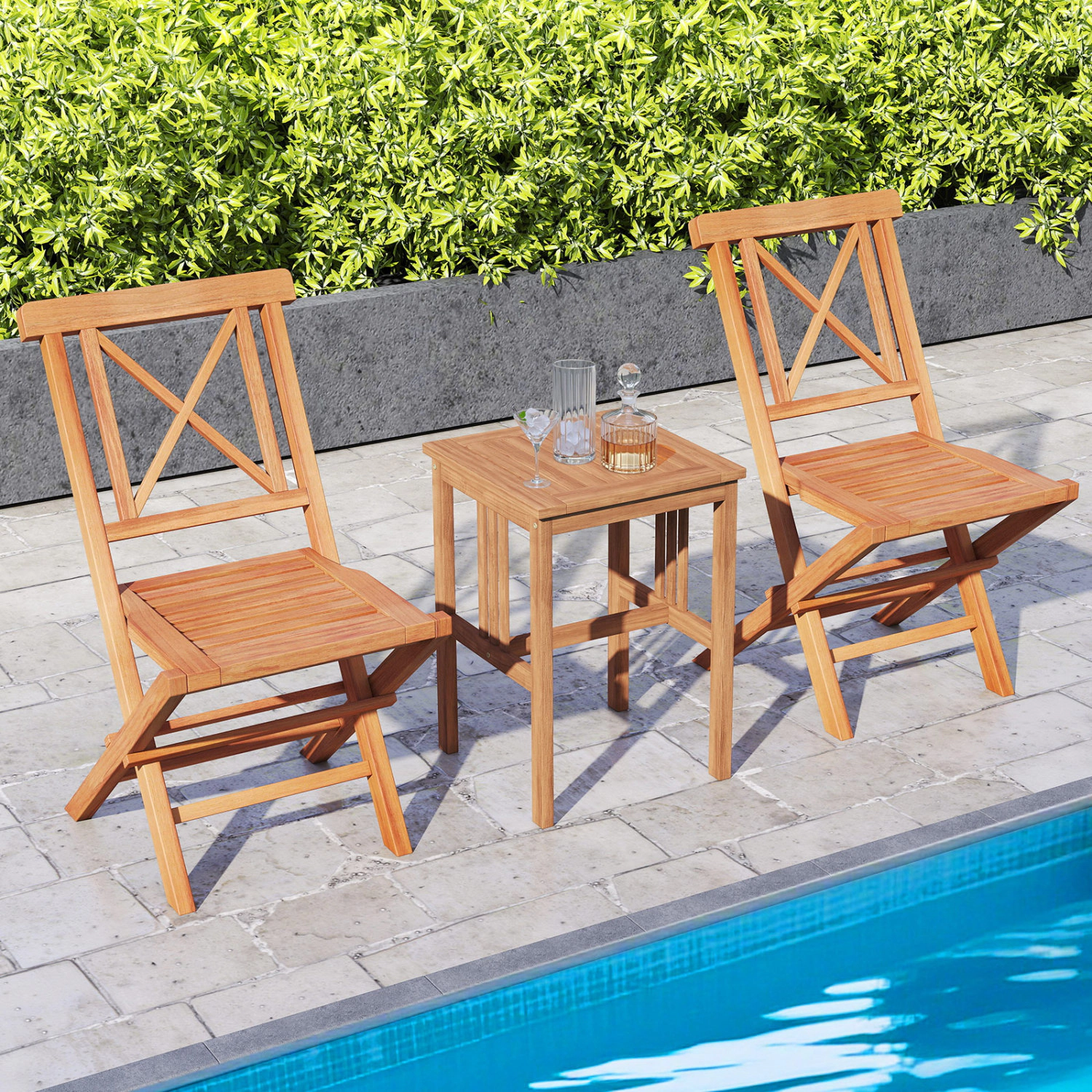 LJG Teak Wood Folding Patio Chairs Set of 2 with Sturdy Frame & Comfort Back for Garden