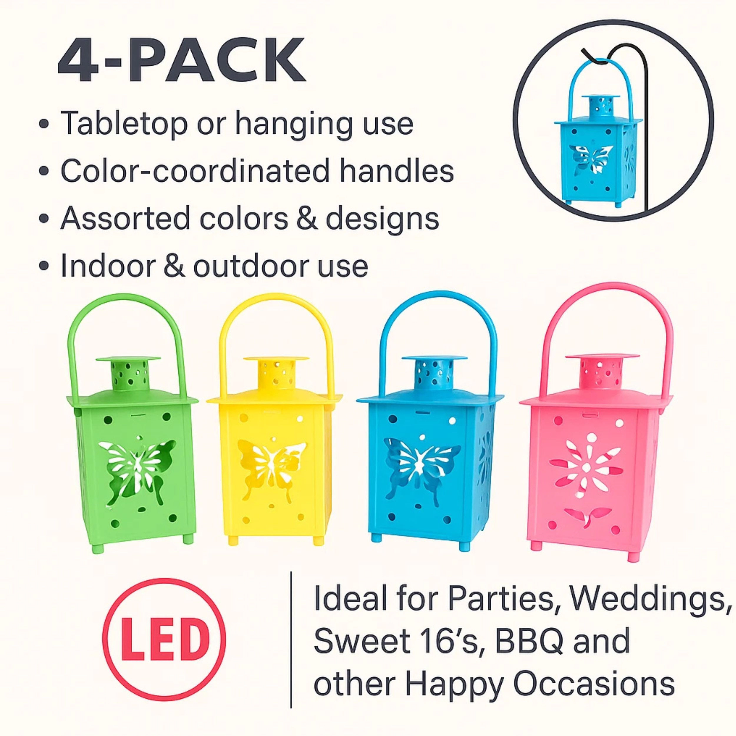 Home Collection Pack of 4 LED Tabletop & Hanging Lanterns Battery Powered Party Garden Lights