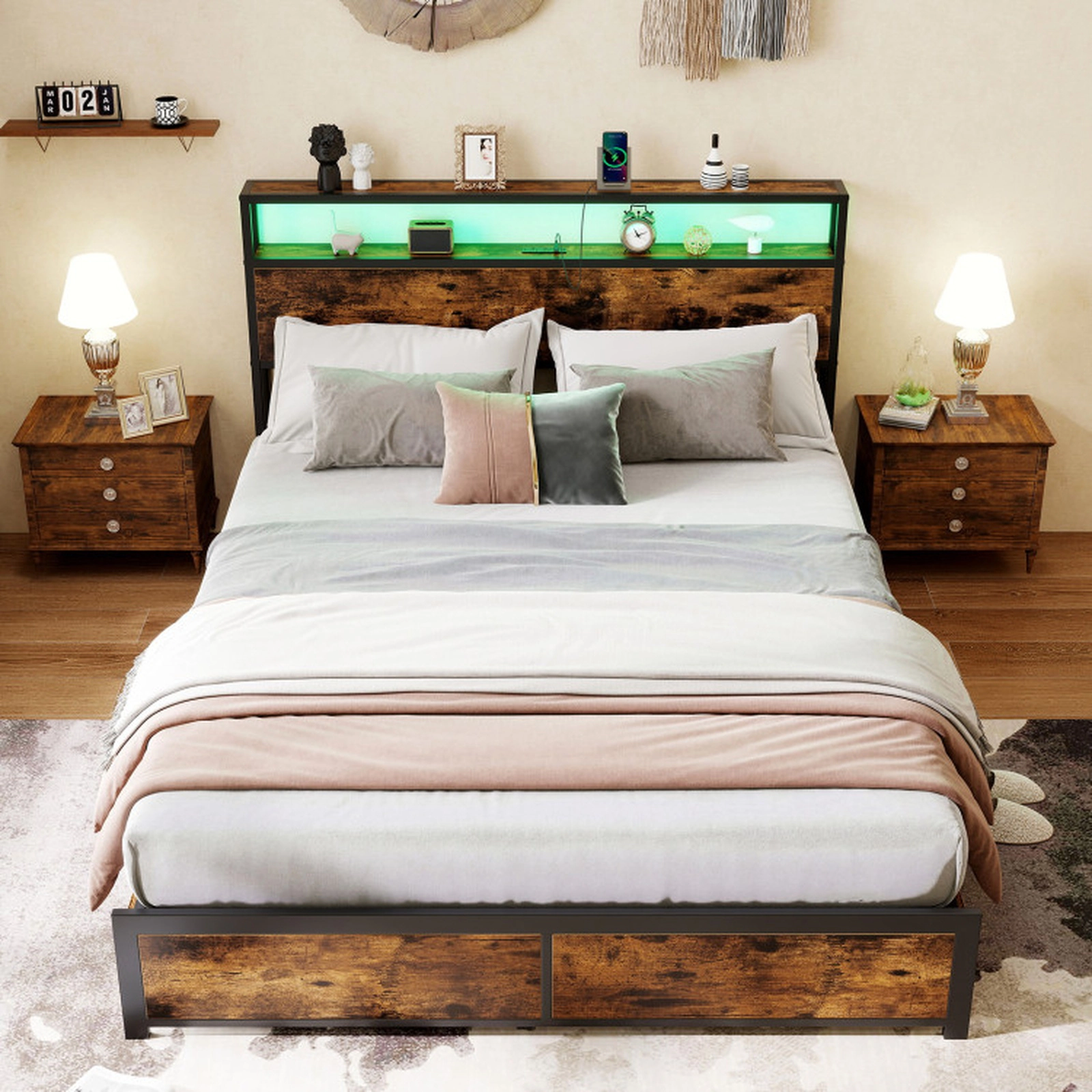 SUGIFT Full/Queen Size LED Bed Frame with Charging Station and 4 Storage Drawers 1100-lb Capacity Rustic Brown + Black