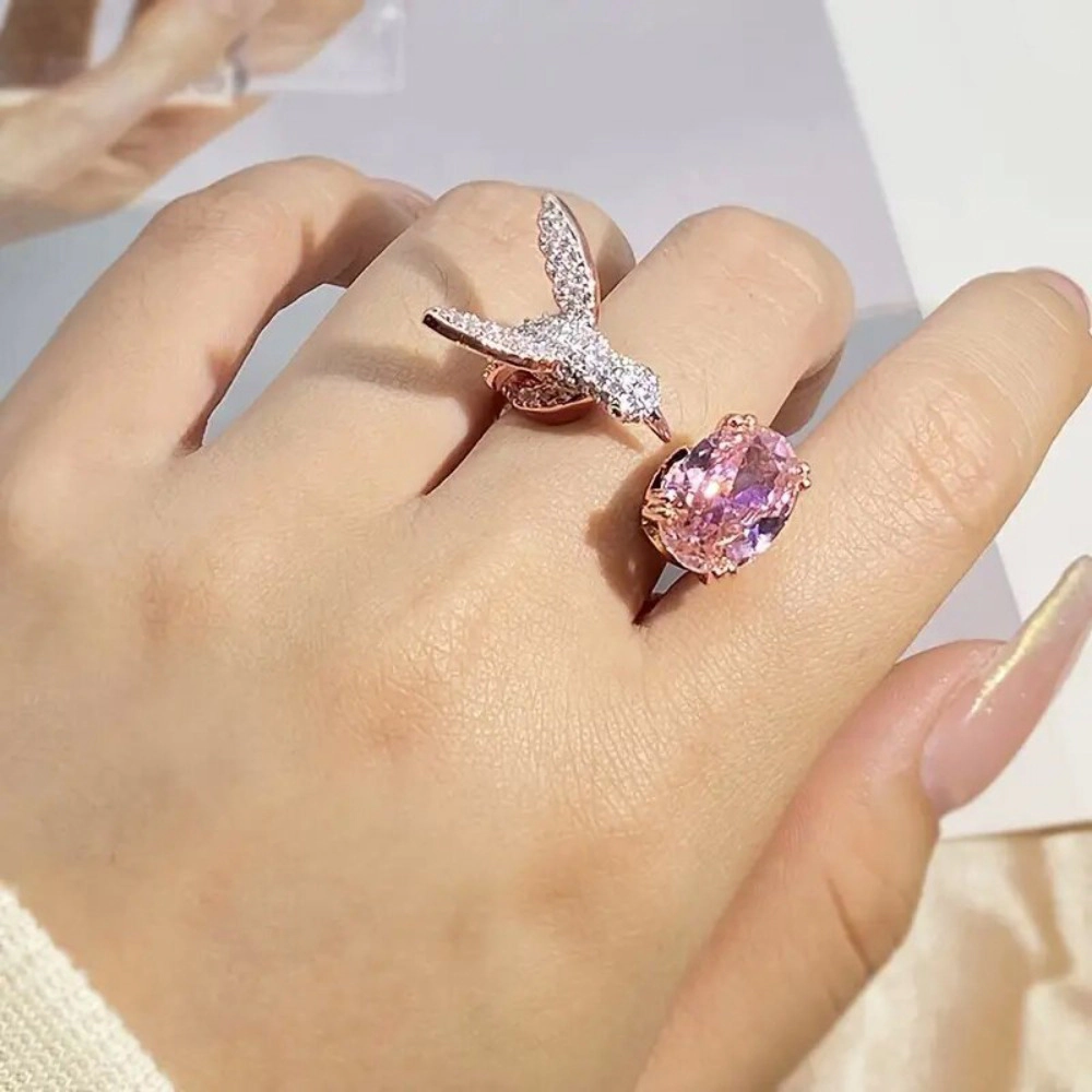 Wardrobe Whimsy Hummingbird Design Oval Cubic Zirconia Statement Ring