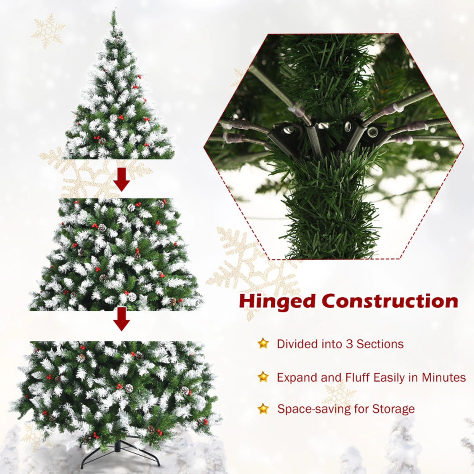 SUGIFT Snow Pre-lit Christmas Tree with Red Berries and Warm White LED Lights 6-ft PVC Metal Hinged Sections Green