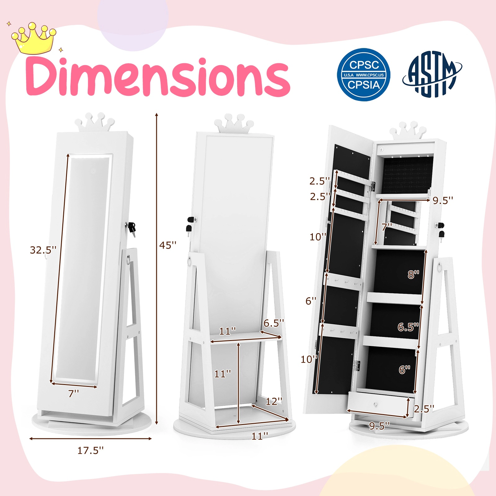 SUGIFT White 360-Degree Rotation Lighted Mirror and Storage Rack 3-in-1 Kids Jewelry Cabinet