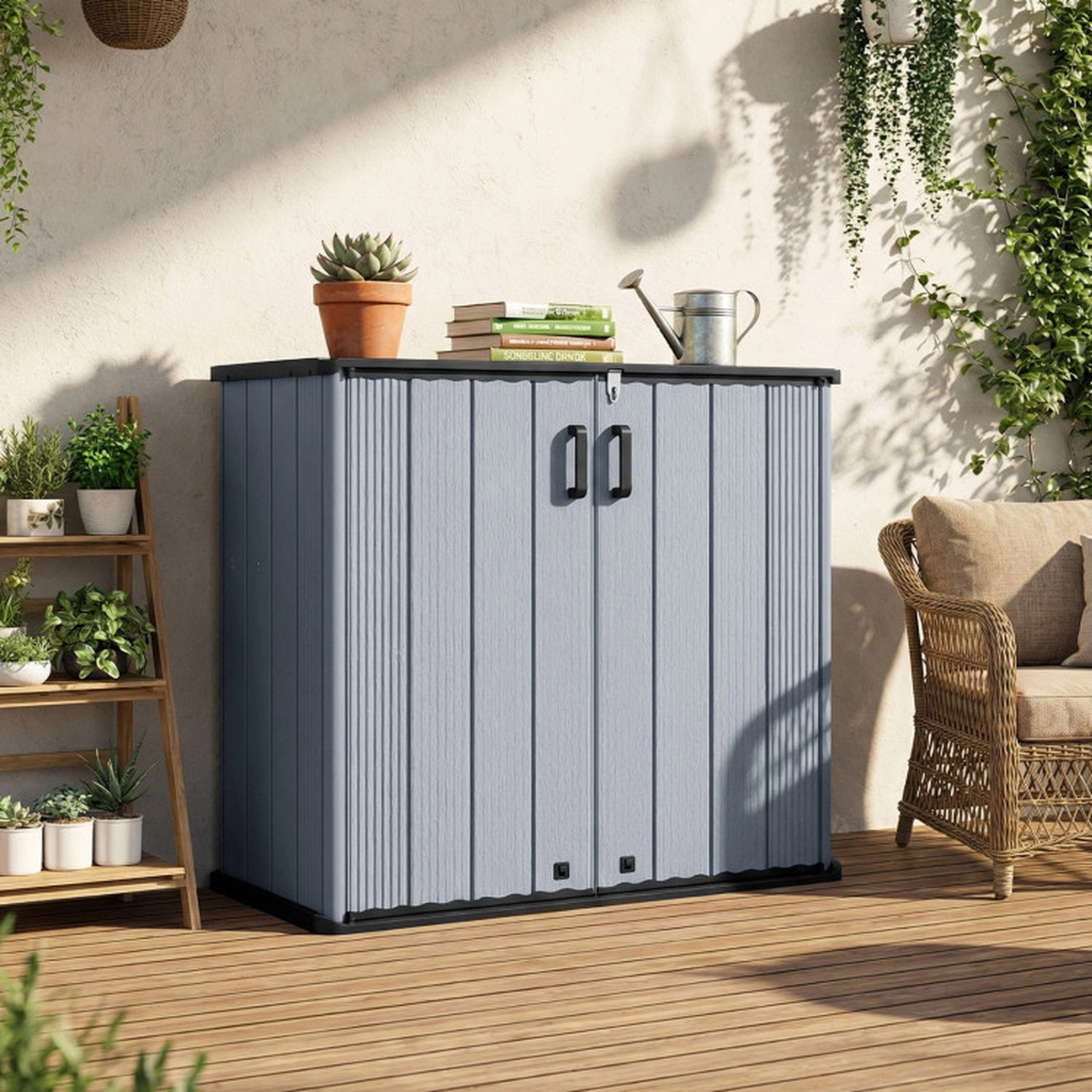 SUGIFT 175-Gallon All-Weather Outdoor Storage Box with Removable Shelf Built-In Floor and Lockable Door