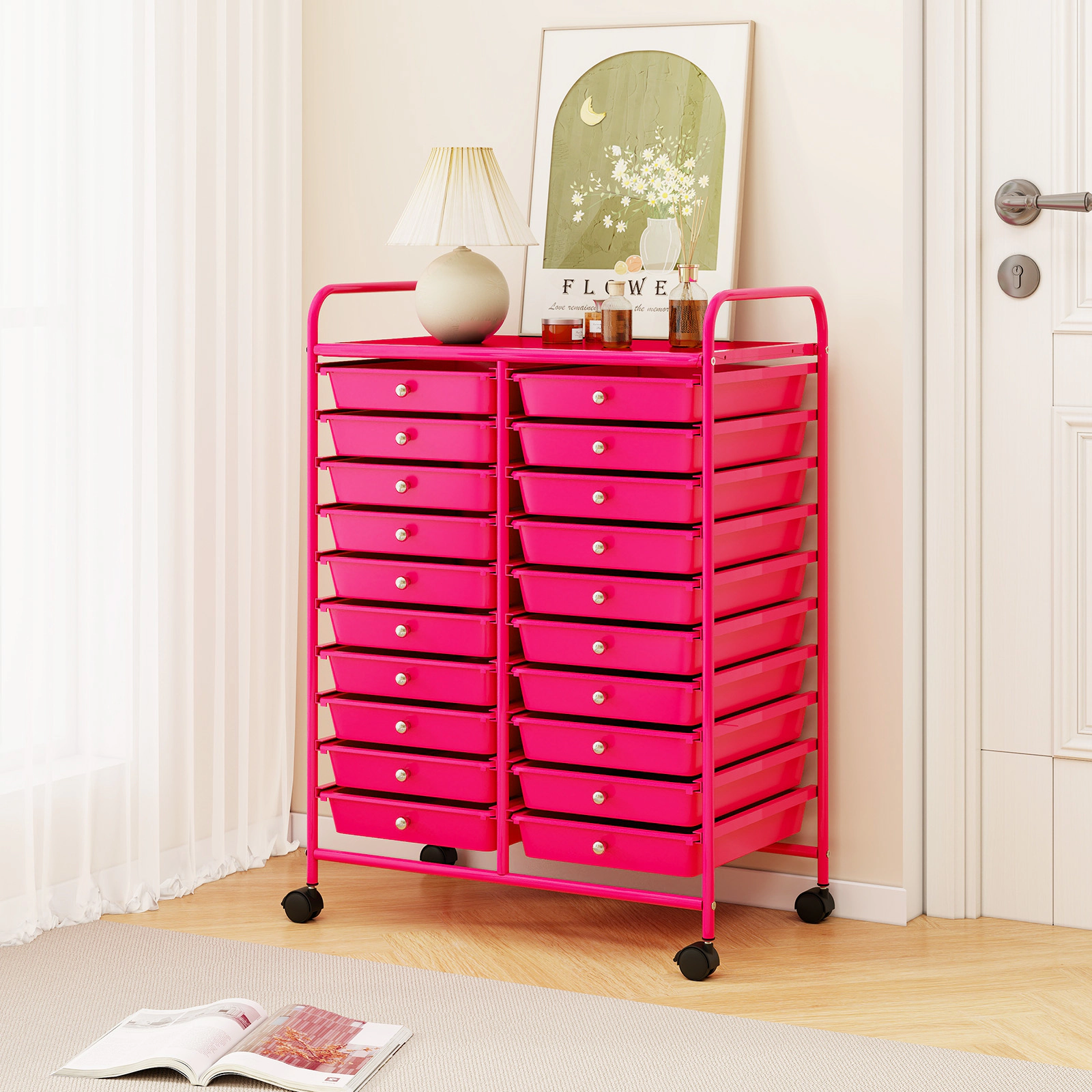 SUGIFT Pink 20-Drawer Rolling Storage Cart Organizer with Steel Frame Lockable Wheels and Top Shelf