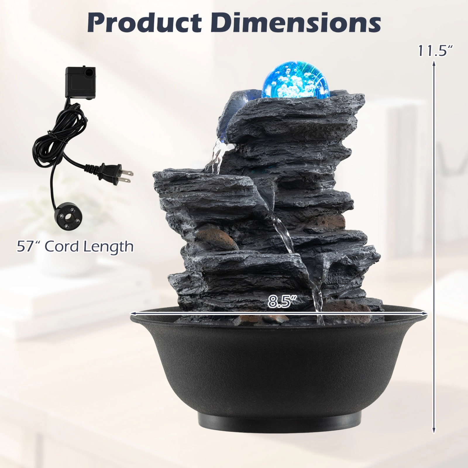 SUGIFT Black Tabletop Water Fountain with Rolling Crystal Ball and Color-Changing LED Light 8.5-in Dia 10.5-in H