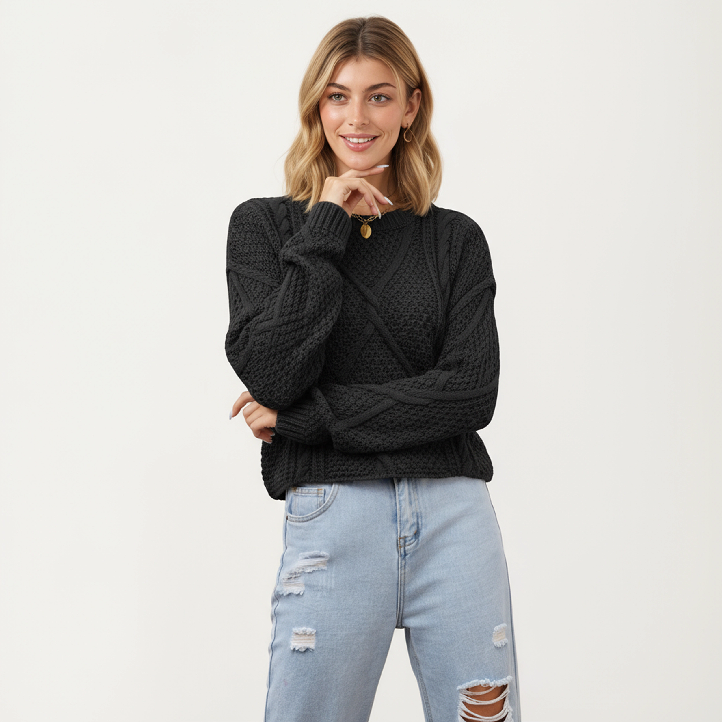 Anna-Kaci Women's Long Sleeve Cable Knit Pullover Sweater with Textured Pattern