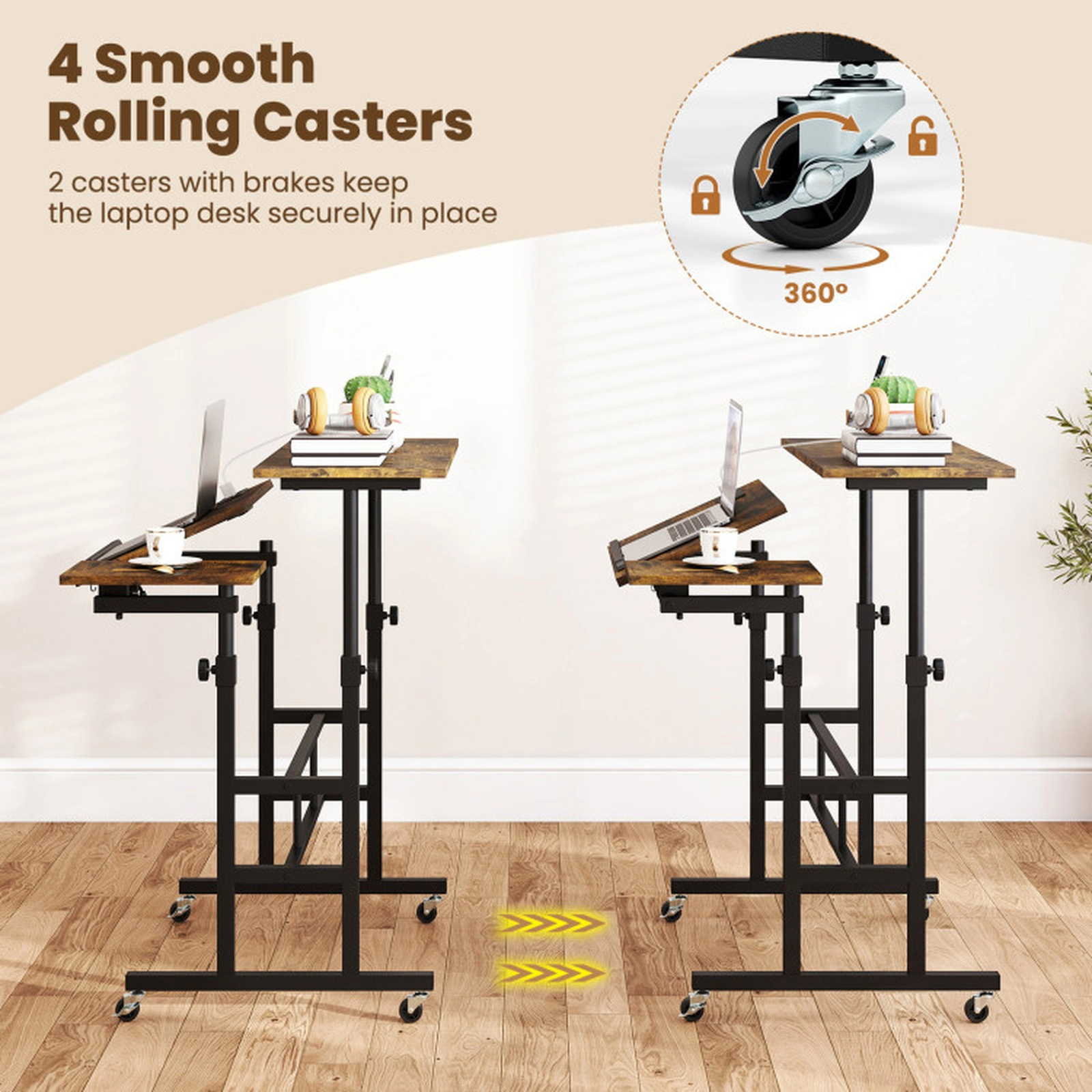 SUGIFT Rustic Brown Power Outlets and Rolling Laptop Cart Height Adjustable Mobile Standing Desk
