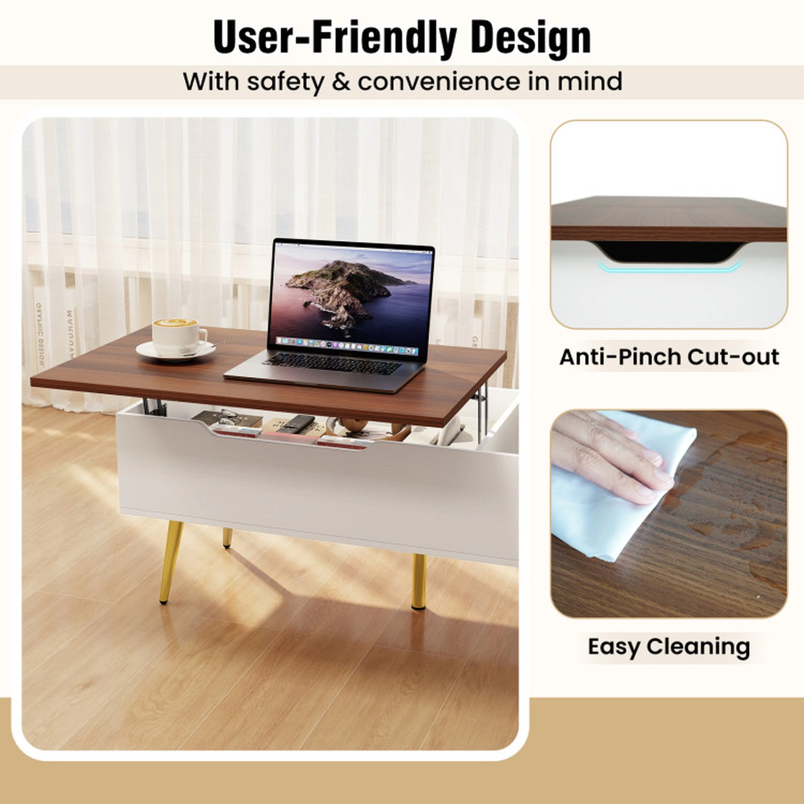 SUGIFT 47-in 132-lb Capacity Dual Pneumatic Lift Top Walnut Coffee Table with 2 Hidden Storage Compartments