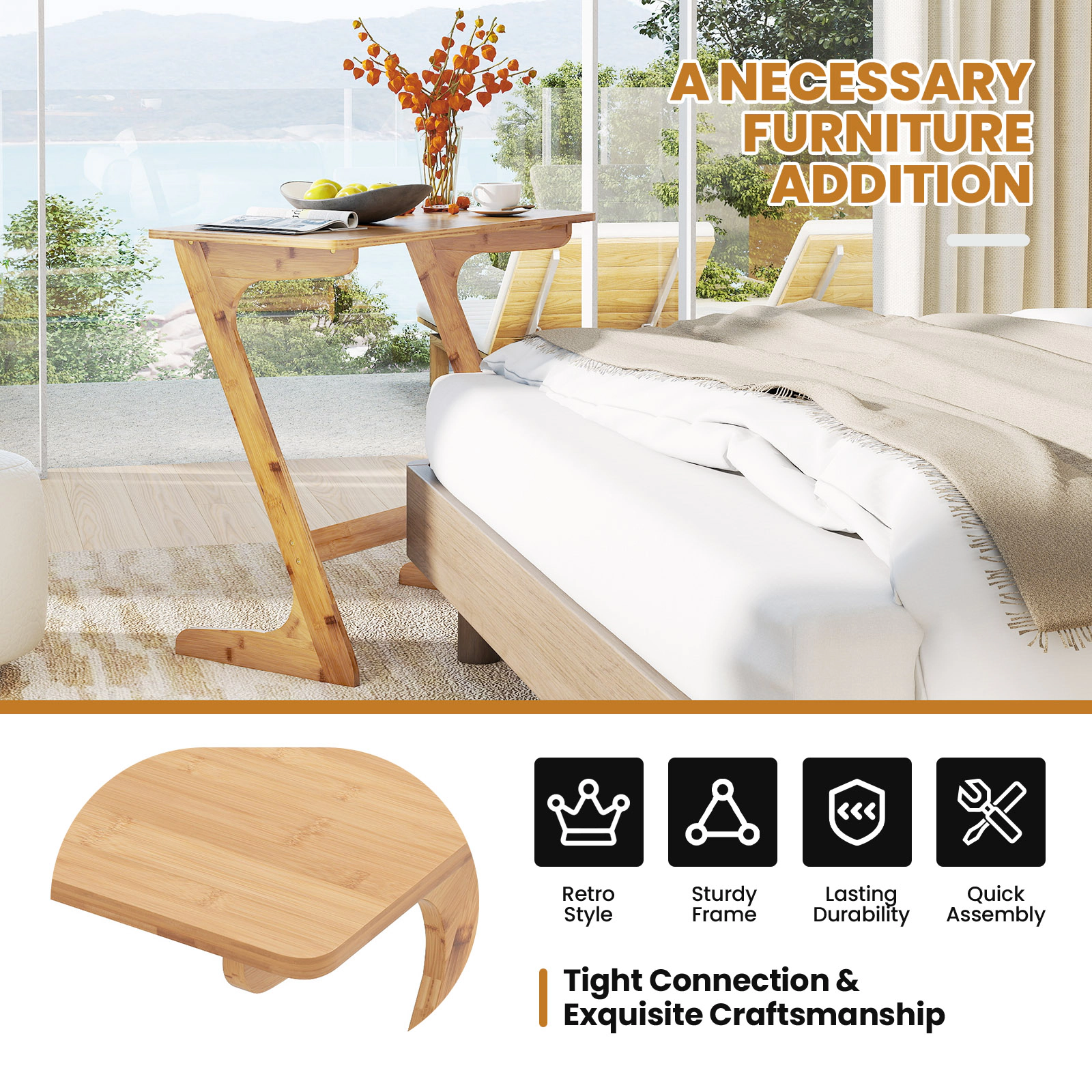 Glintex Z-Shaped Bamboo Sofa Side Table with 110-Lb Capacity and Metal Crossbar
