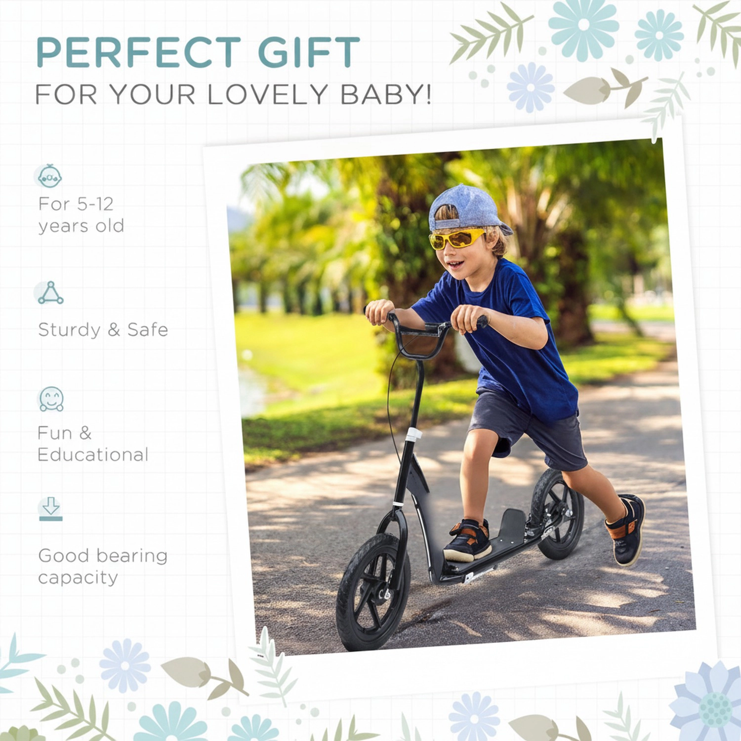 HONGGE Kick Scooter for Kids 5-12 Years Old with Adjustable Height Handlebar Non-slip Footplate Big Wheels Rear Brake