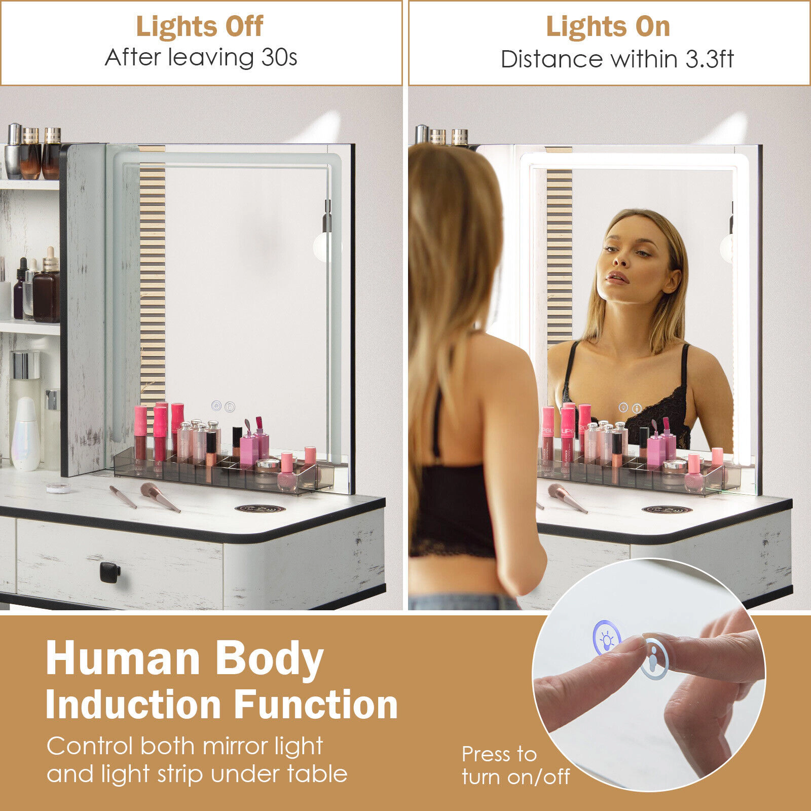 SUGIFT LED Lighted Mirror Vanity Makeup Table Set with Charging Station 110-lb Tabletop 330-lb Stool Capacity 4-Piece