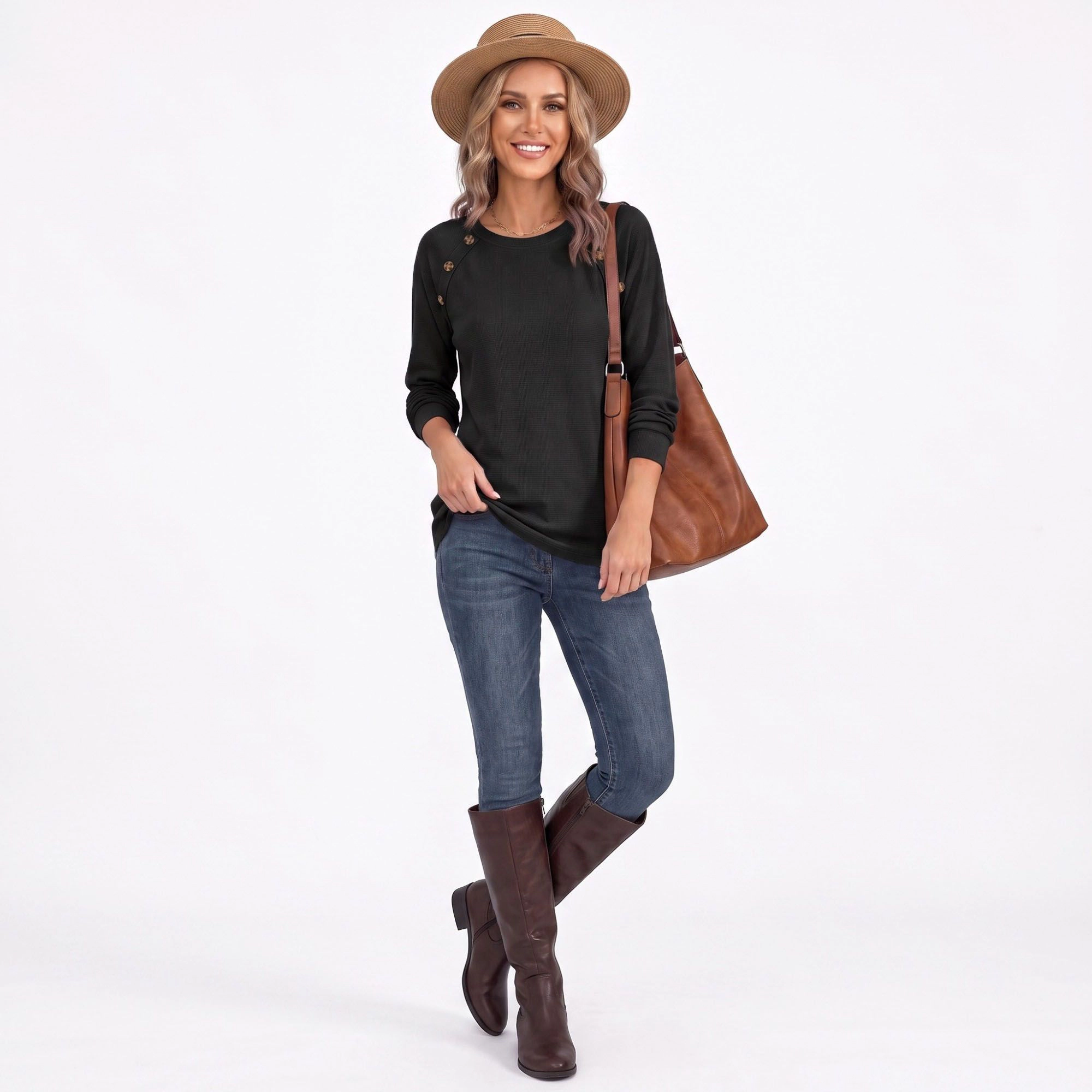 Anna-Kaci Women's Waffle Knit Button Shoulder Raglan Long Sleeve Top