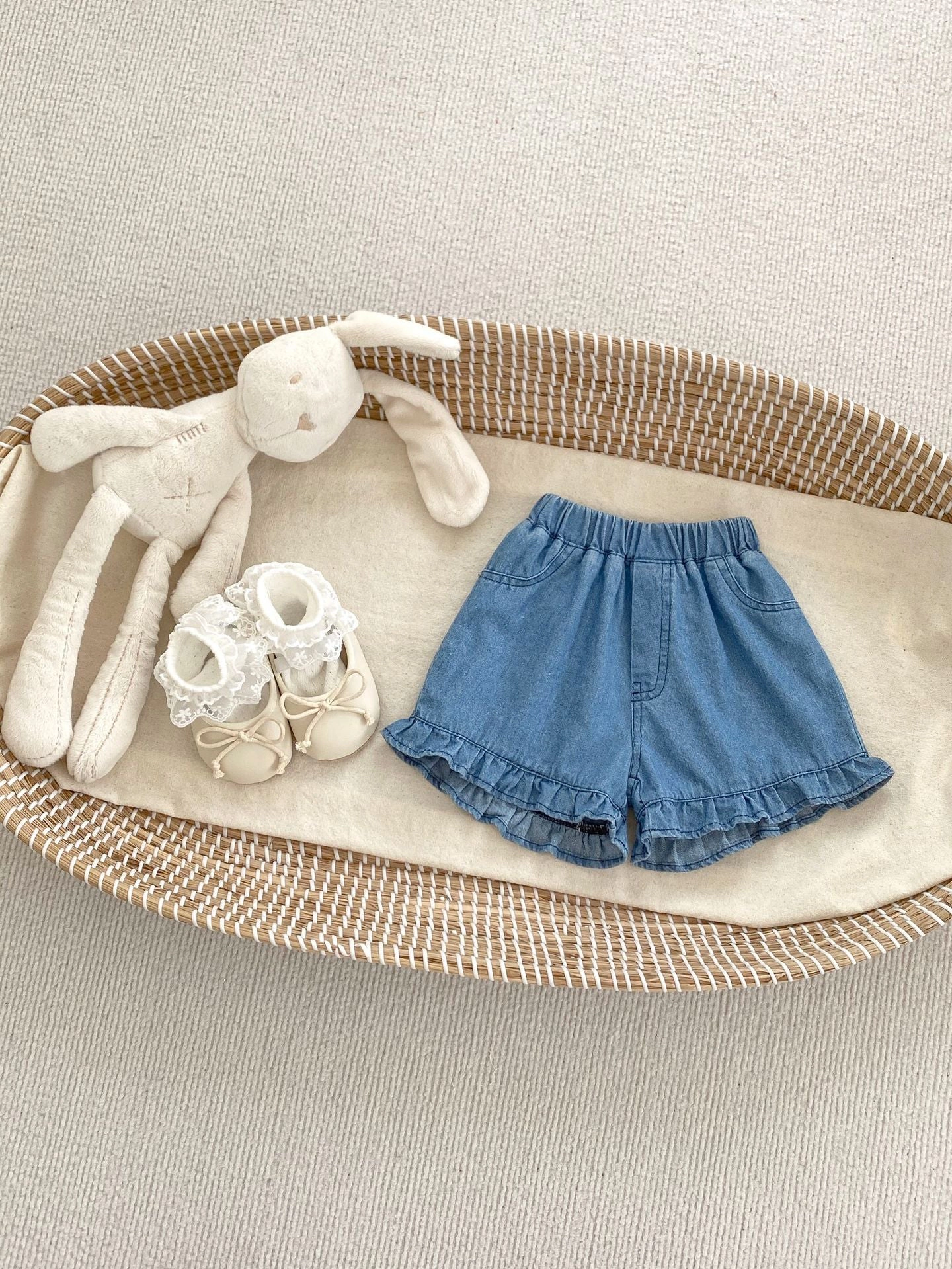 MyKids-USA Summer Baby Girl Solid Color Ruffle Trim Denim Shorts