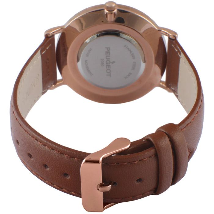 Peugeot Men's 40mm Rose-Gold Super Slim Case Leather Strap Watch