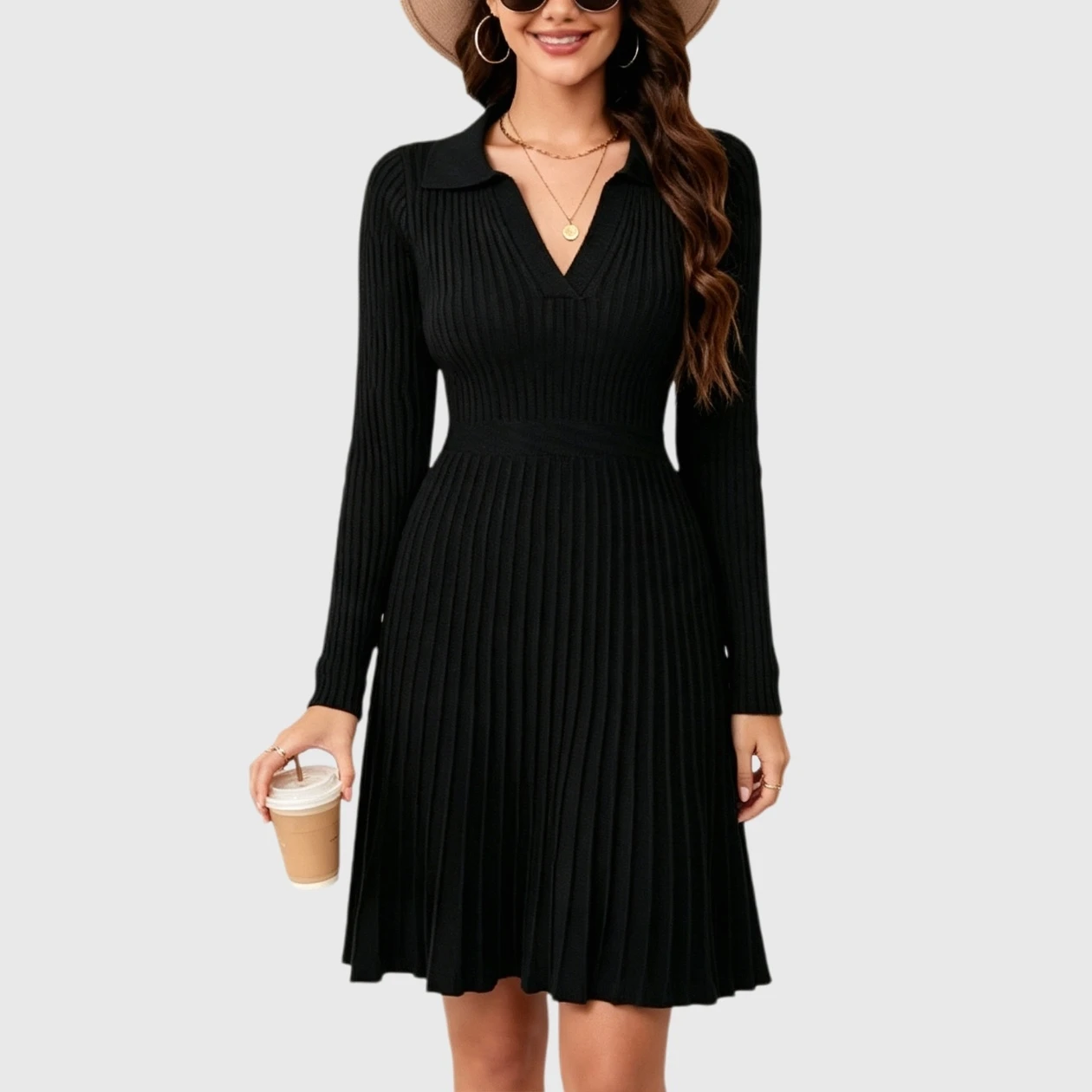 YesFashion Women's Pleated Sweater Dress Collared V Neck Long-Sleeve A Line Knit Midi