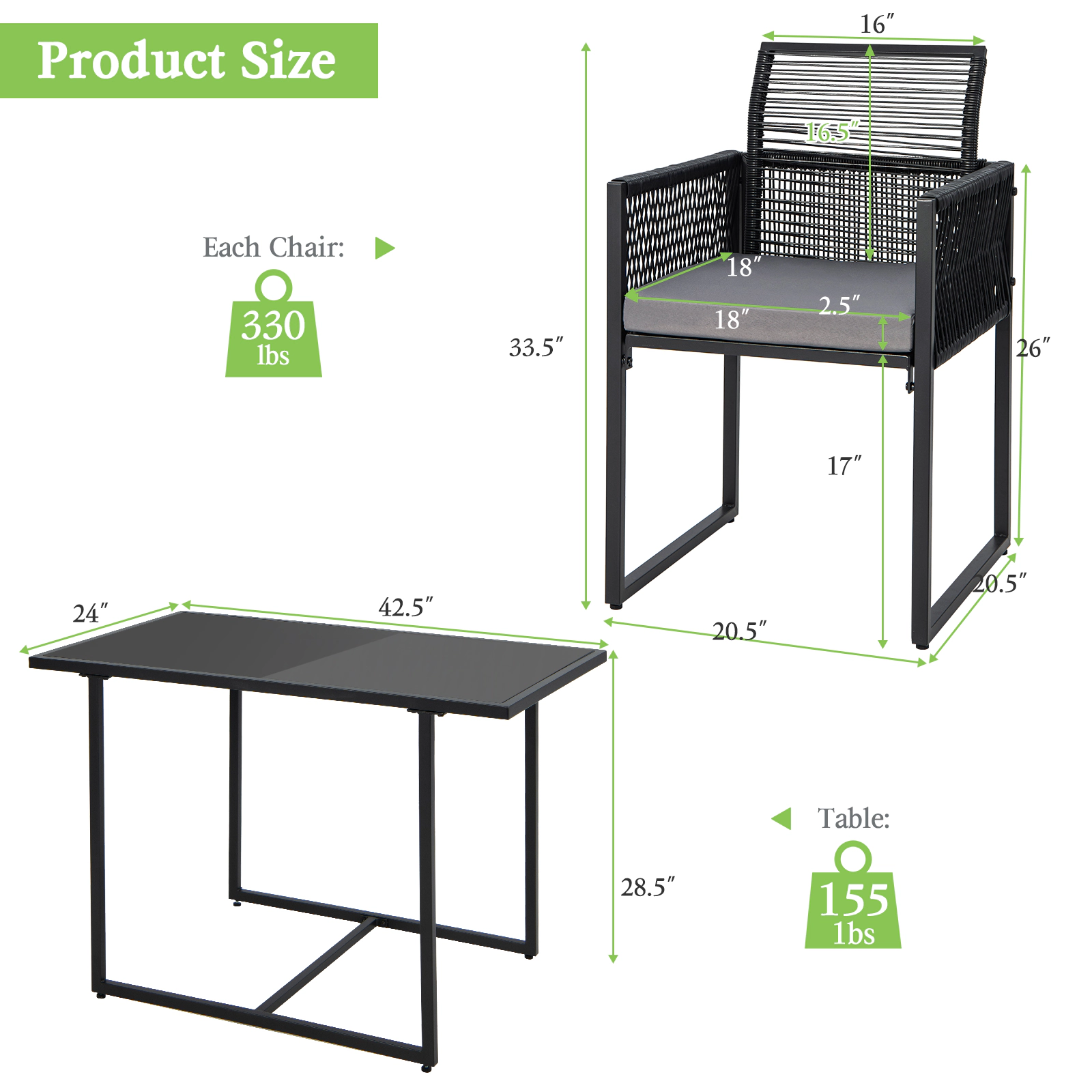 SUGIFT PE Rattan Outdoor Dining Set Folding Backrest Chairs & Seat Cushions 330-lb Chair Capacity 155-lb Table Capacity
