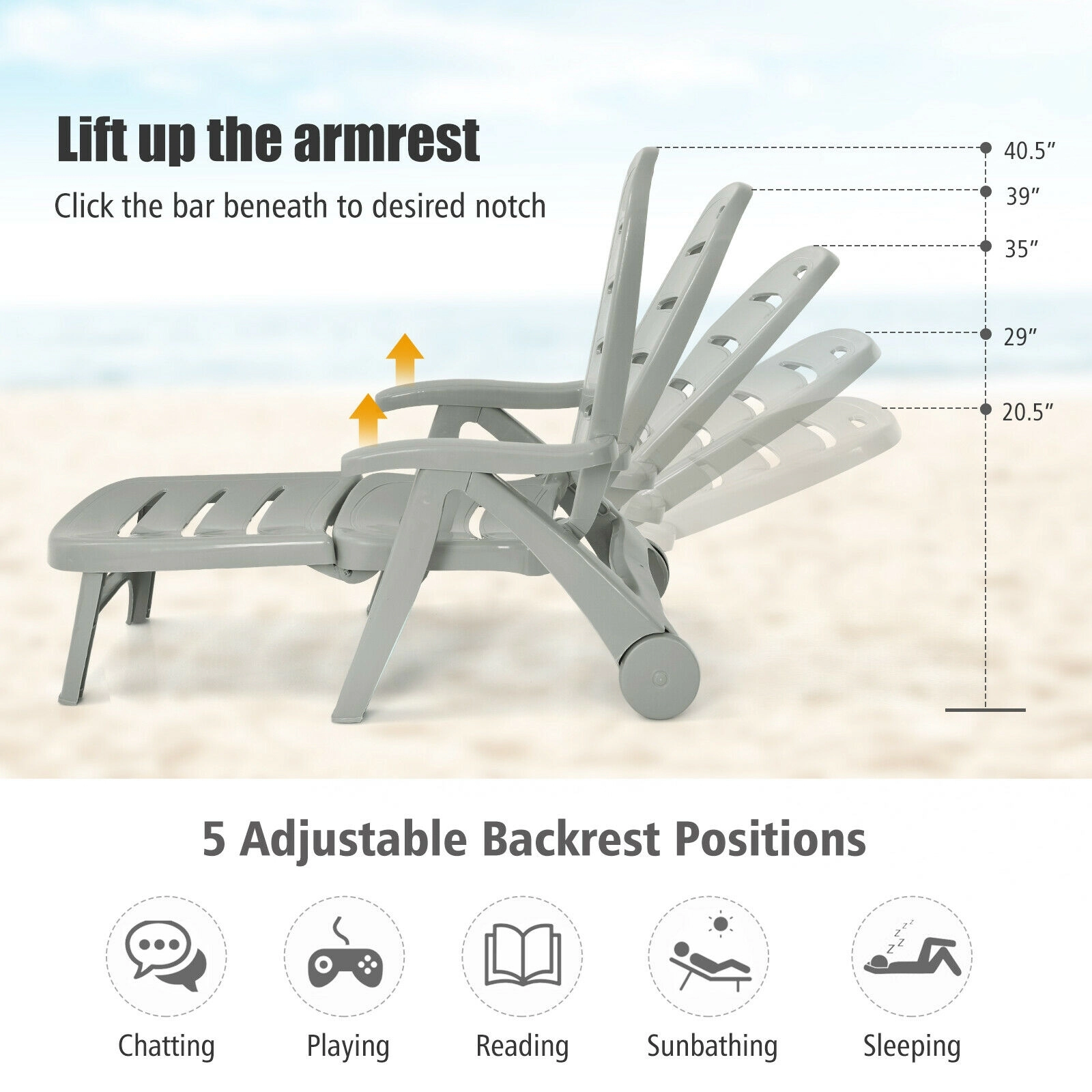 SUGIFT 330-lb Capacity Gray 5-Position Adjustable High Back Folding PP Chaise Lounge Chair with Wheels