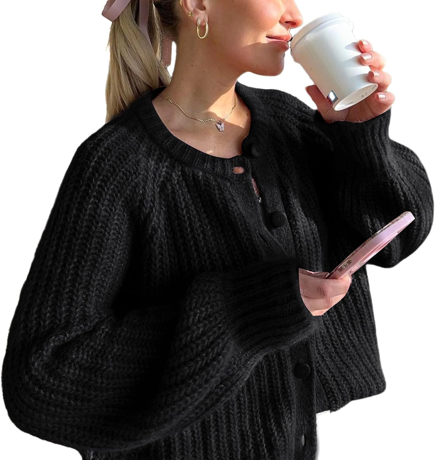 KOJOOIN Women Cropped Chunky Knit Cardigan Button Down Sweater Loose Fit Jacket for Fall Winter