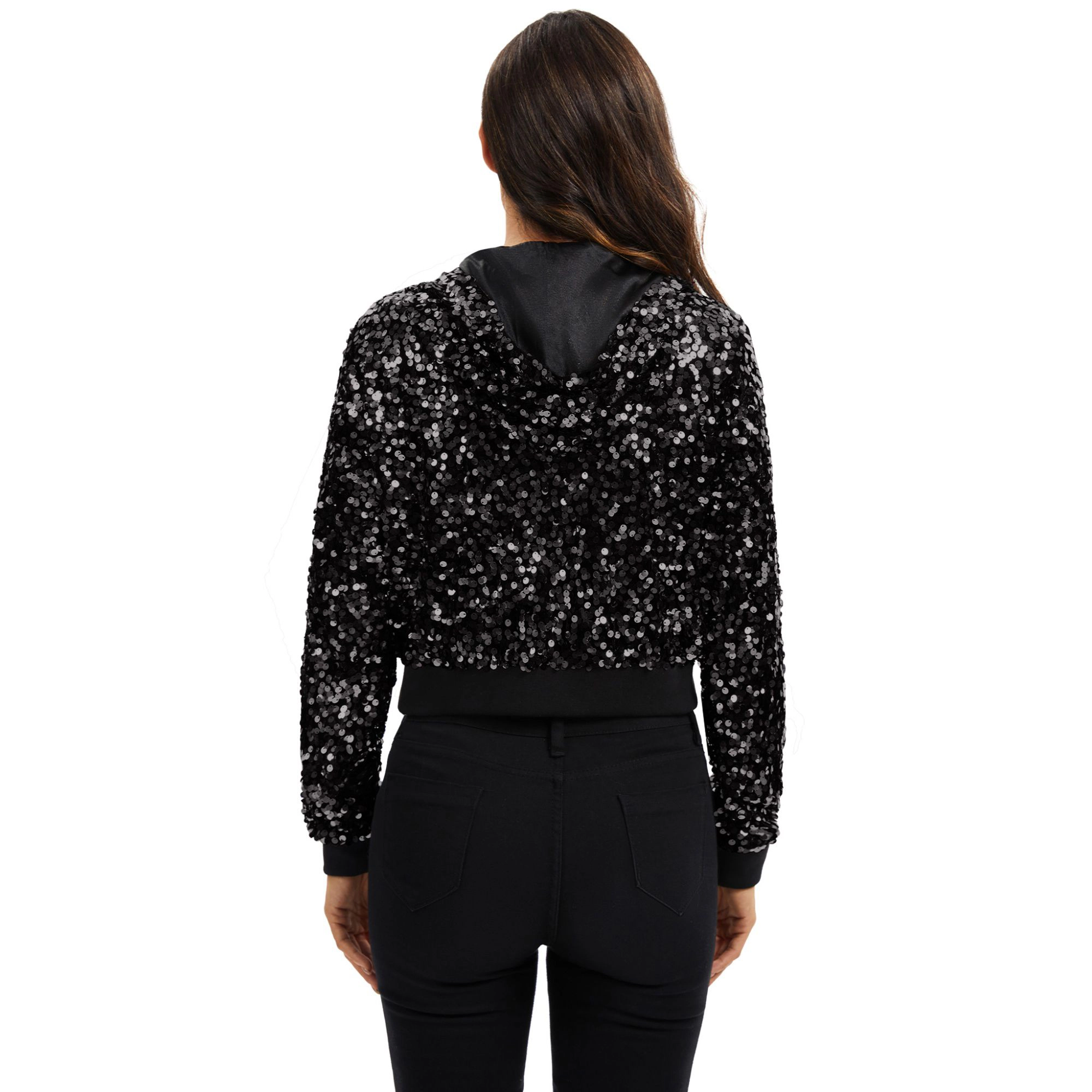 Anna-Kaci Women's Sequin Zip-Up Hooded Jacket with Ribbed Hem and Long Sleeves