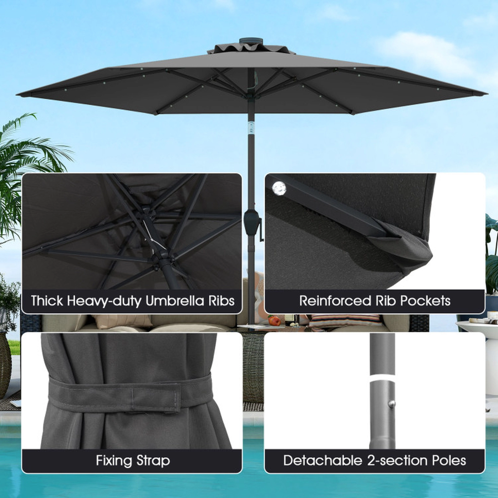 SUGIFT Solar Powered Patio Umbrella with 18 LED Lights and Crank Handle 7.5-ft Metal Polyester Frame Gray