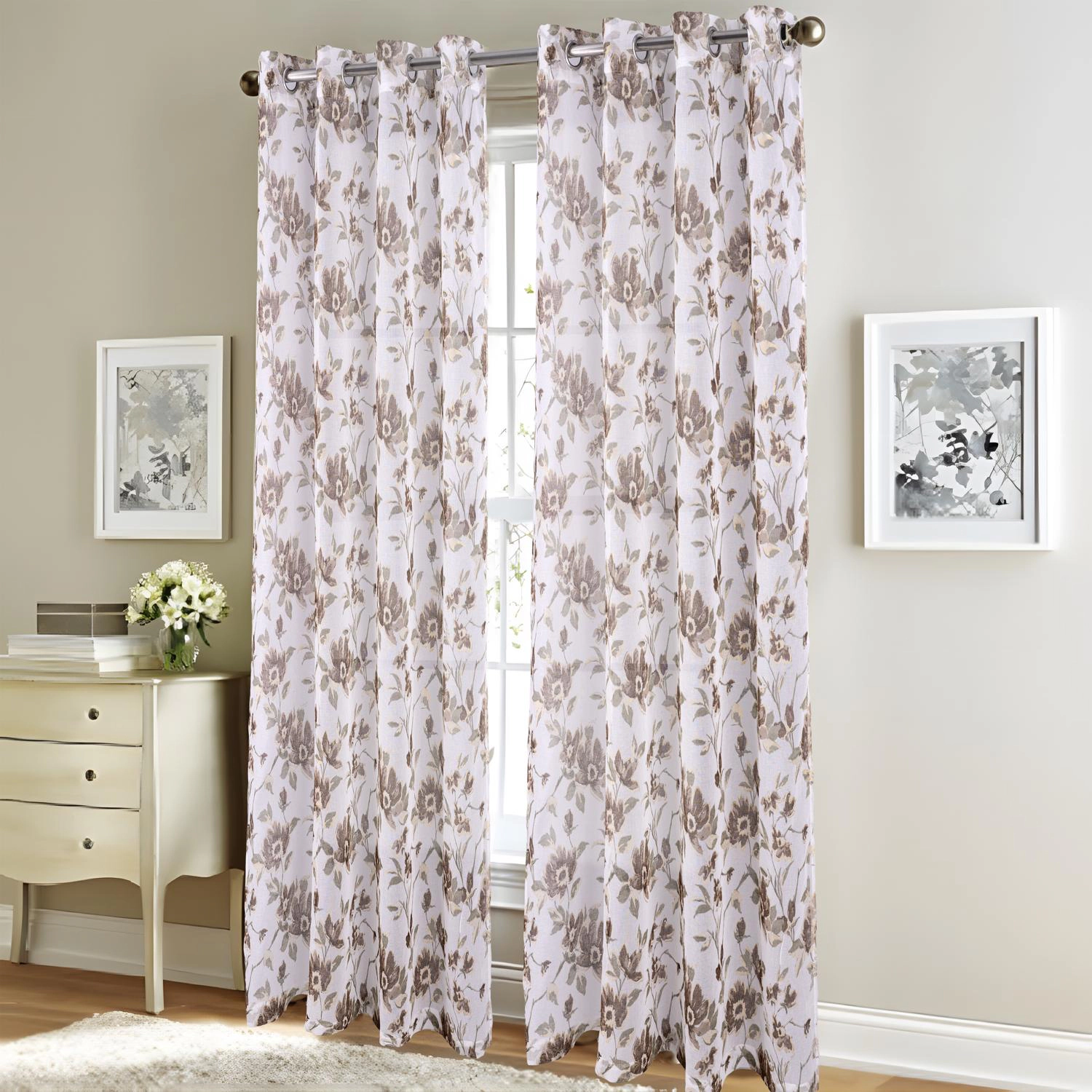RT Designers Collection Meadow Grommet Metallic Sheer Printed Doily Curtain Panel 54" x 95" Taupe