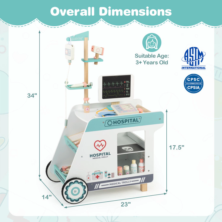 Hivvago Wooden Doctor Playset for Kids Pretend Play Kit with Cart Gift Toddlers Boys Girls Aged 3+