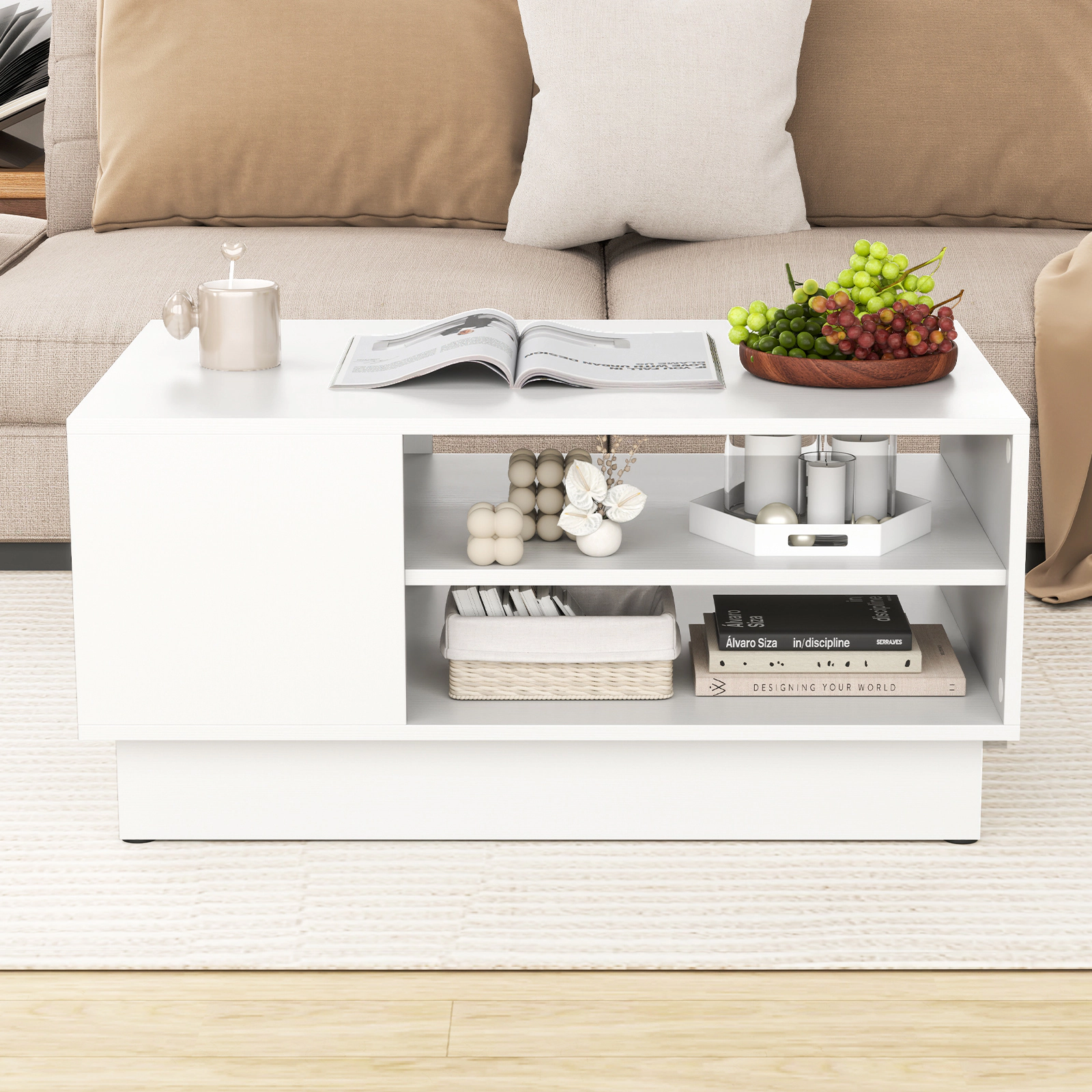 Glintex 34-Inch Coffee Table with 2-Tier Open Shelves and Recessed Base, White