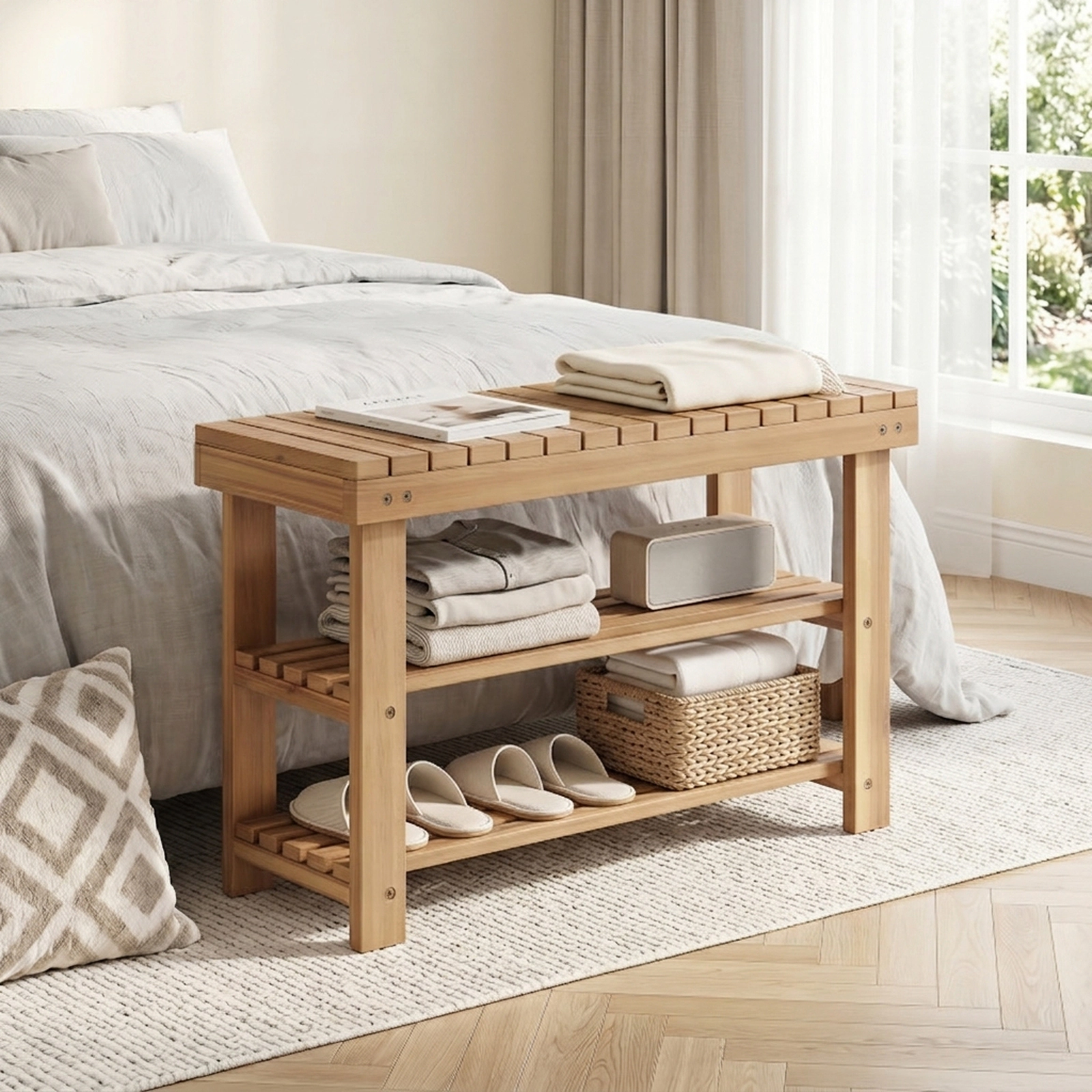 SUGIFT Slatted Shelves Natural 3-Tier Solid Teak Wood Shoe Rack Bench