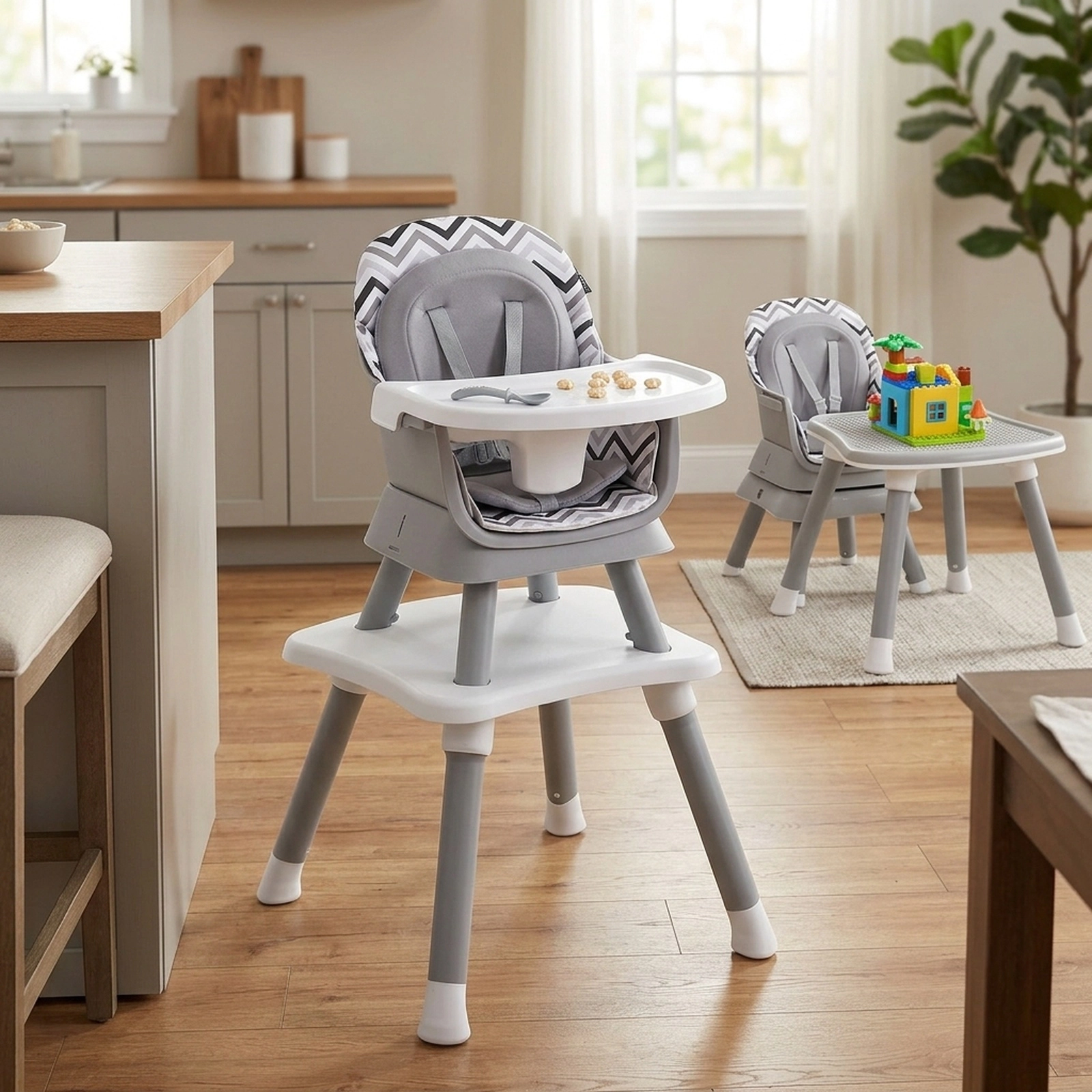 6-in-1 Baby Highchair 3-Position Adjustable Tray Two-Sided Kids Table and Chair Set 6 to 36 Months Gray and White
