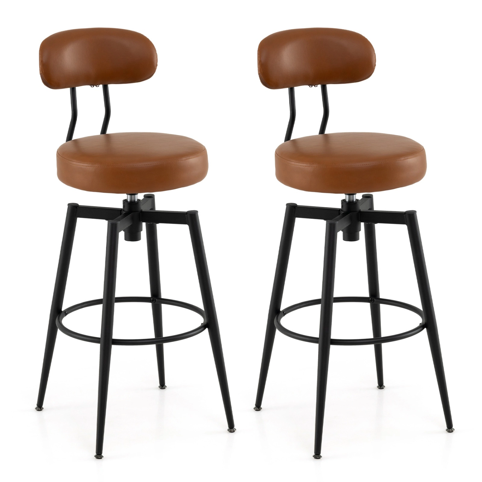 SUGIFT Set of 2 360° Swivel Bar Height Faux Leather Upholstered Bar Stools 330-Lb Capacity 30-in Seat Brown