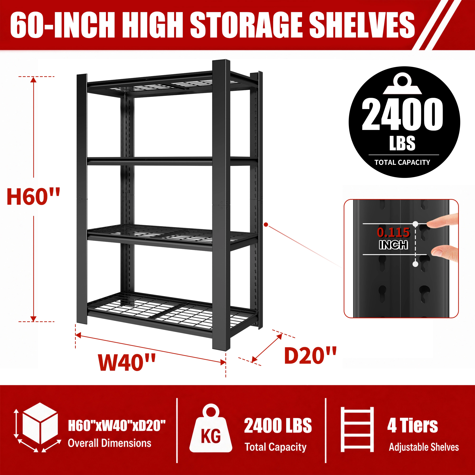 Flynama 4-Tier Metal Mesh Storage Rack, 40x20x60in, 2240lbs Adjustable Heavy Duty Shelf Organizer for Pantry, Garage