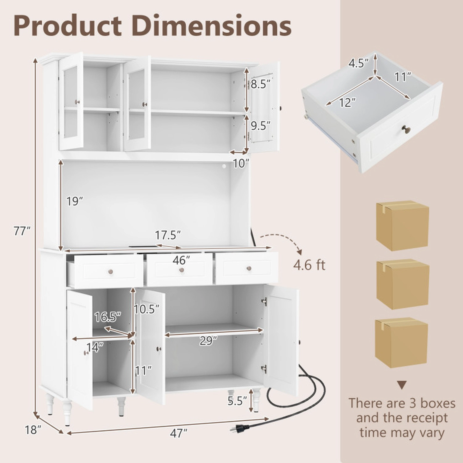 SUGIFT 77-in LED Lights Charging Station 4 Doors 3 Drawers Kitchen Pantry Cabinet 47-in x 18-in 365-lb Capacity White
