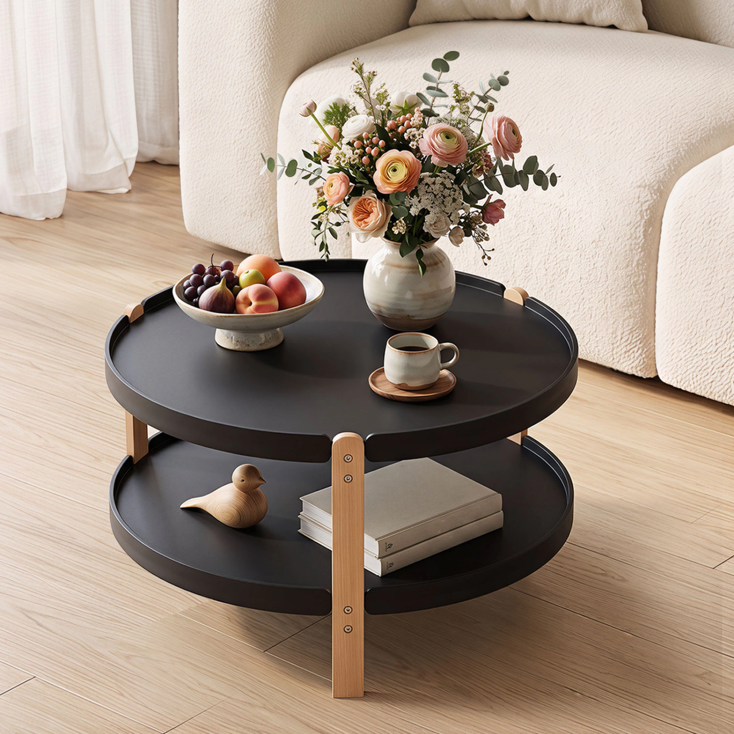 LJG 23.5" 2-Tier Round Coffee Table with Solid Wood Legs and Open Storage Shelf