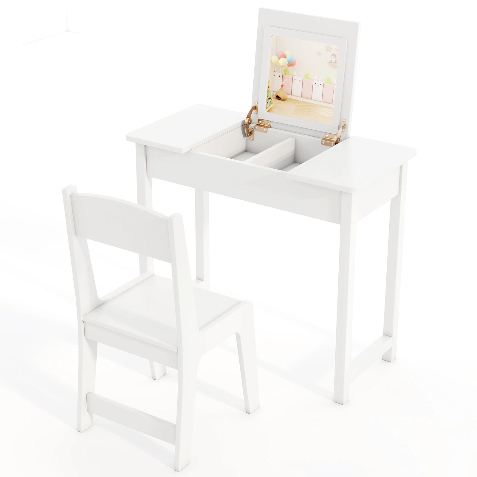 SUGIFT White Flip Top Mirror 2-in-1 Kids Vanity Makeup Table and Chair Set
