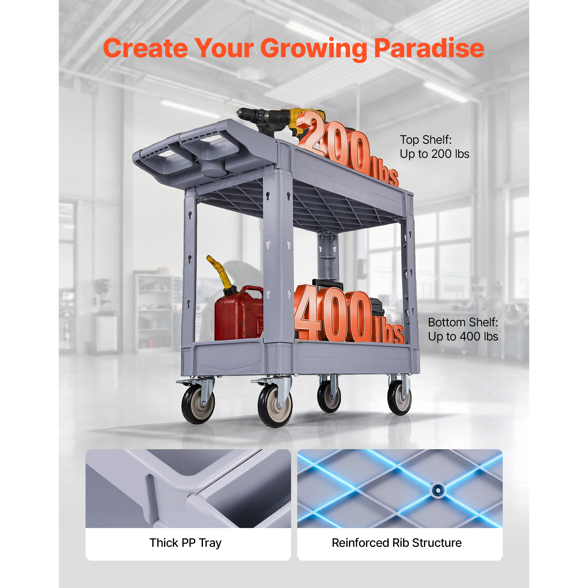 HONGGE Utility Cart 550 lbs Capacity 2 Tier Service Cart with 360° Swivel & Fixed Wheels 2 with Brakes Heavy Duty