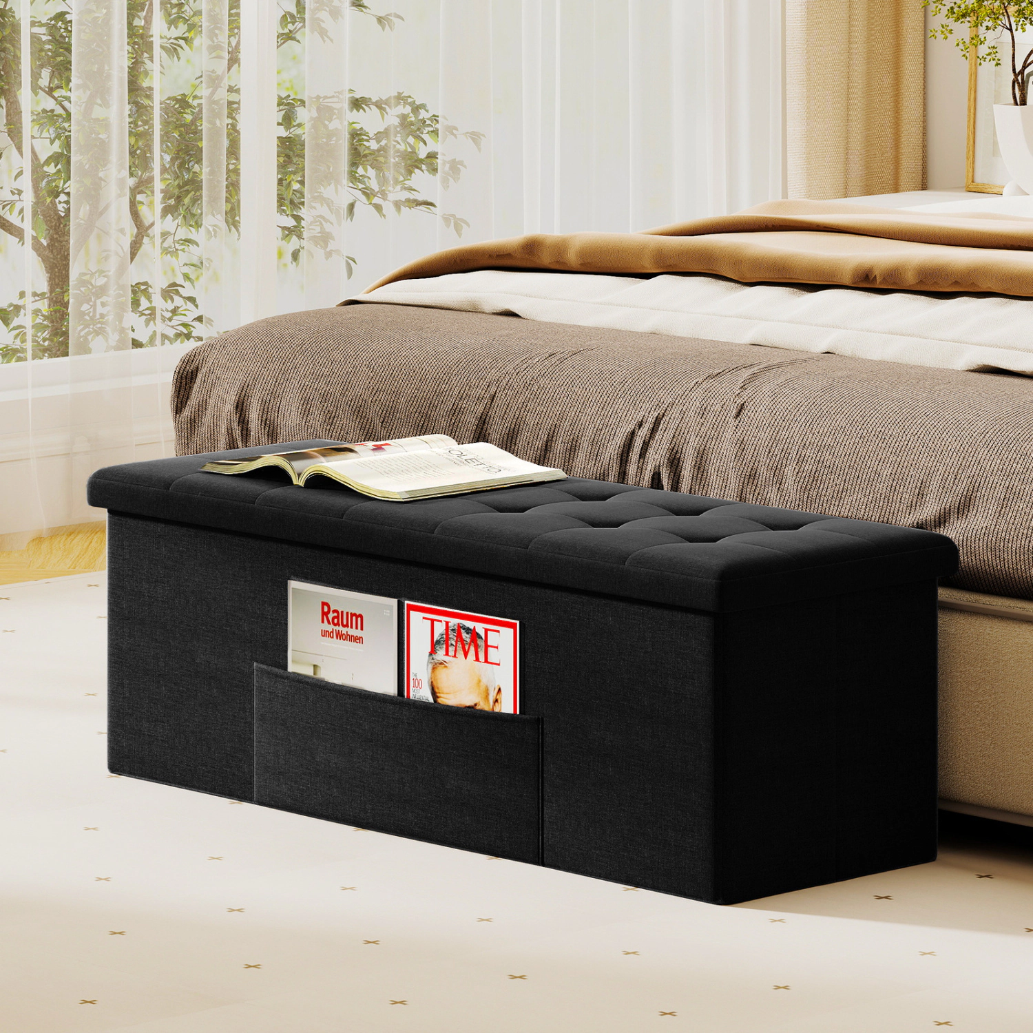 Glintex 43-Inch Linen Folding Storage Bench with 660-Lb Capacity and Divider