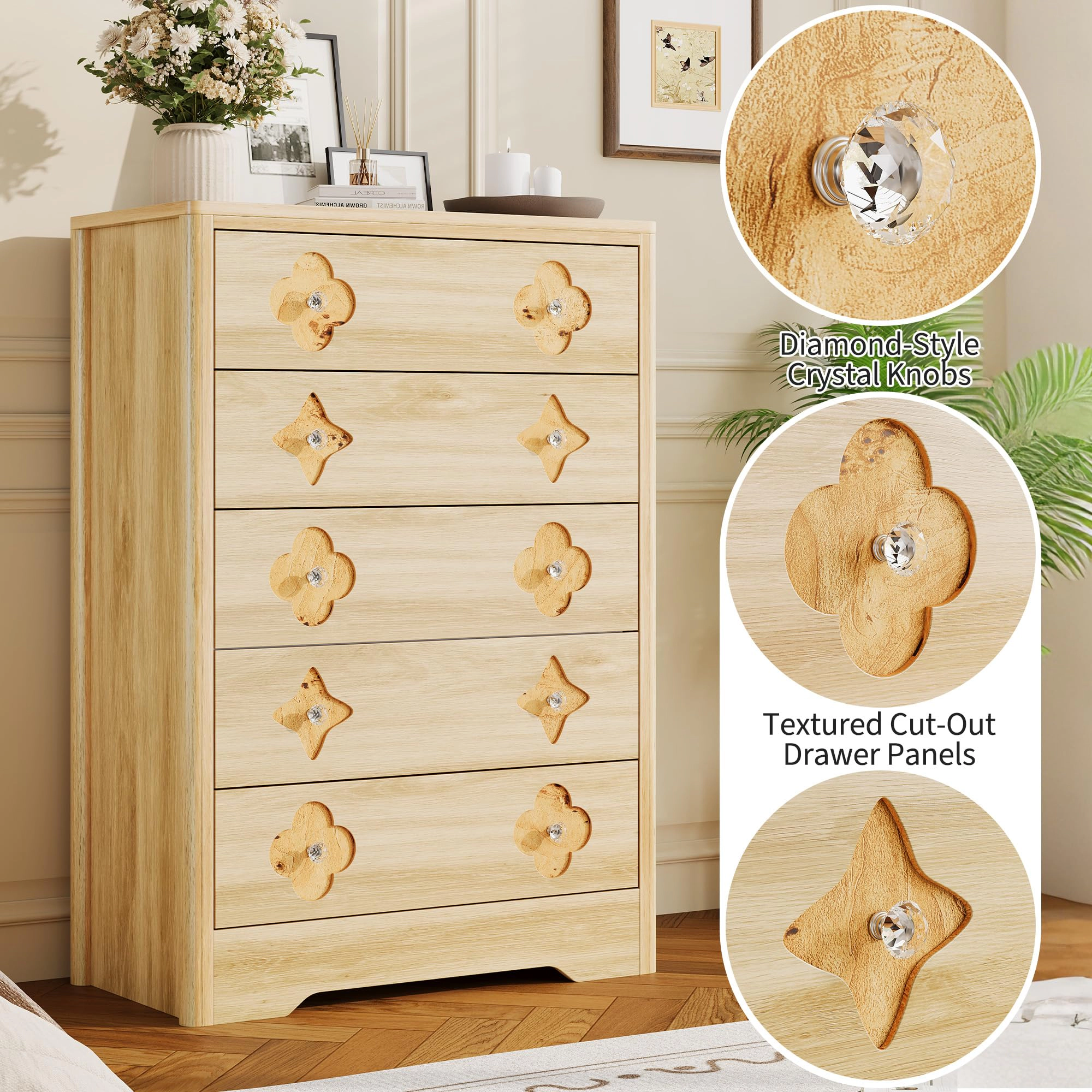 46.1" Tall 5 Drawer Wood Dresser with Decorative Fronts & Crystal Knobs, Narrow Storage Chest