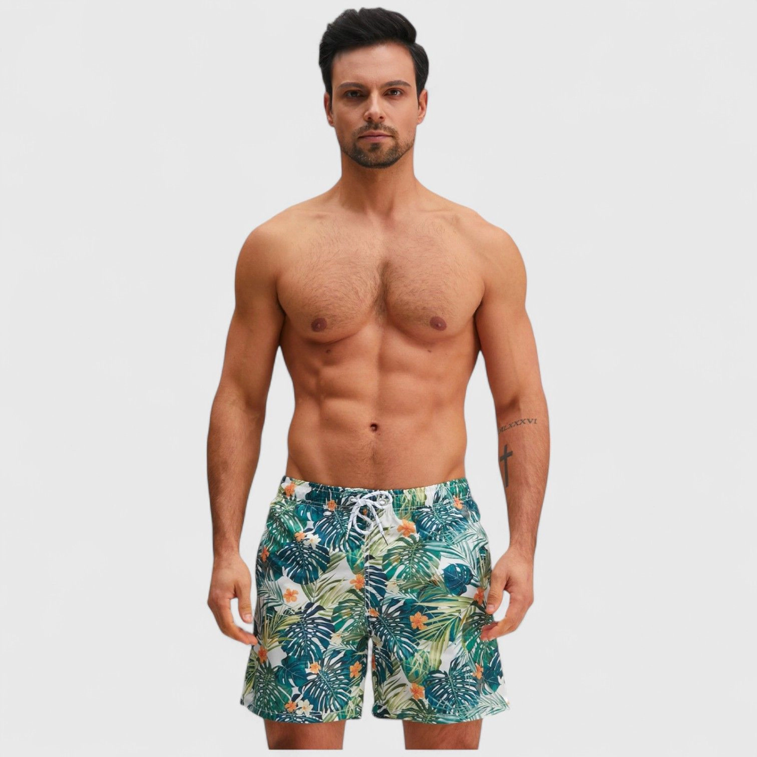 Anna-Kaci Men's Tropical Leaf Print Swim Trunks with Elastic Waistband and Mesh Lining