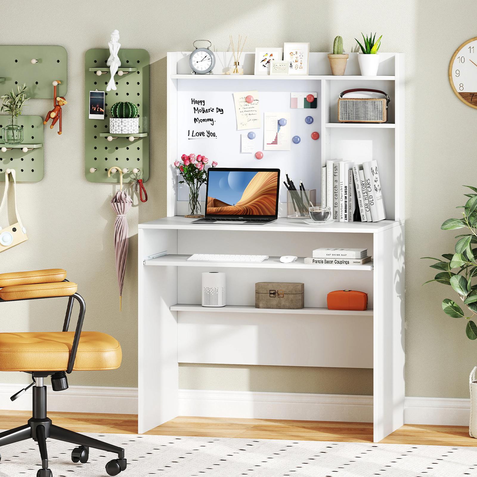LJG Compact Office Computer Desk with Hutch Magnetic Whiteboard