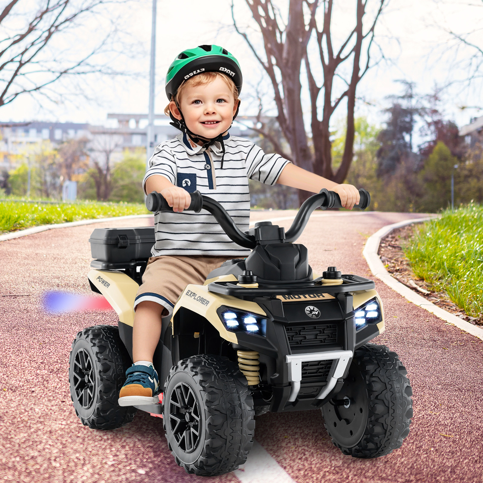 SUGIFT 6V Kids Ride On ATV with Spray Function and Storage Box 44-lb Capacity Ages 18 Months and Up Khaki with Music