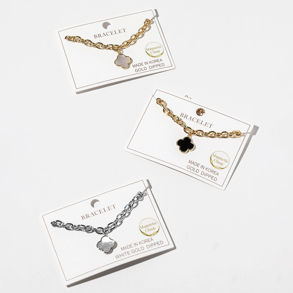 FASHNZFAB Gold Dipped Mother of Pearl Quatrefoil Charm Accent Chain Link Magnetic Bracelet