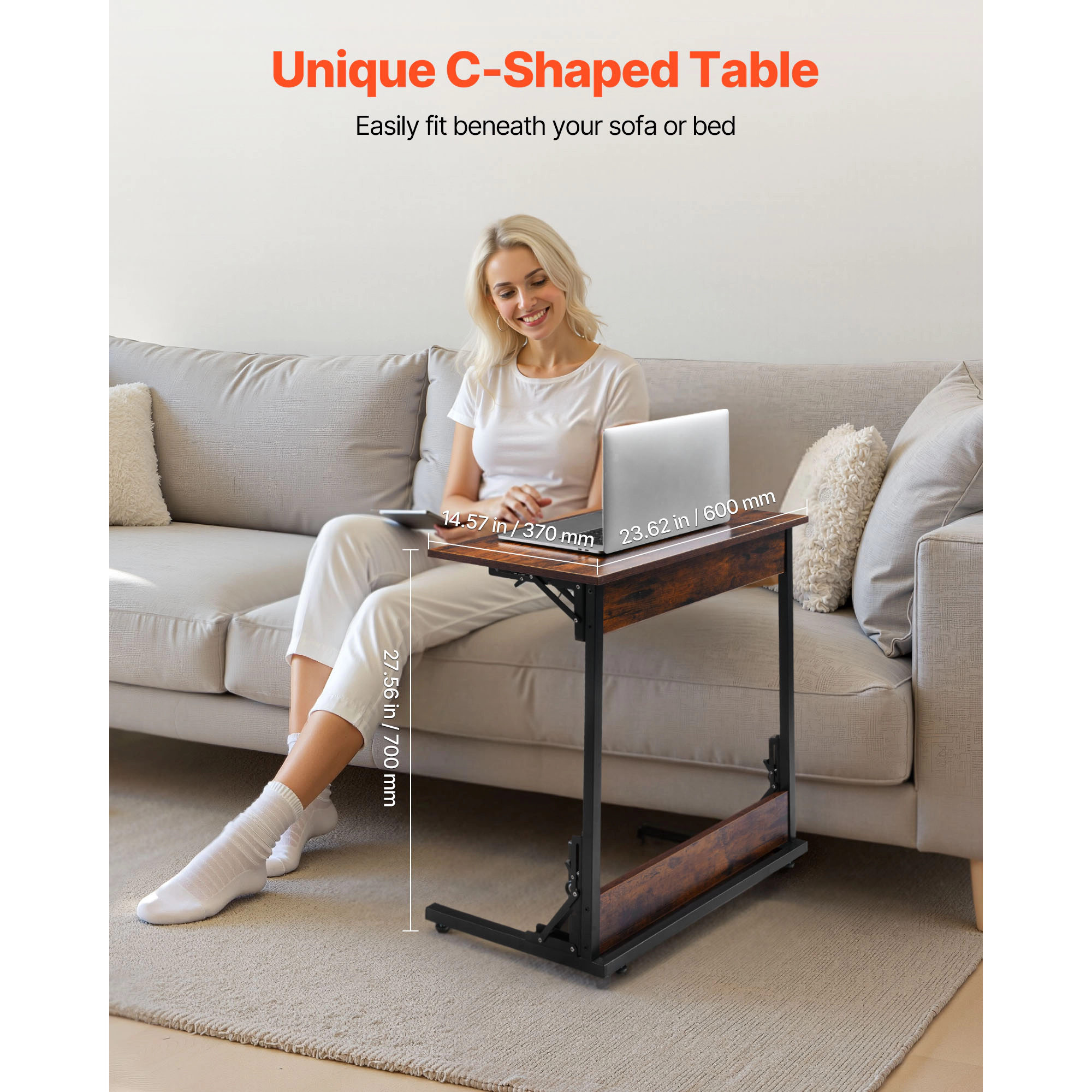 HONGGE Foldable C-Shaped End Table with Iron Frame and Adjustable Feet, 23.62 x 14.57 x 27.56 Inches