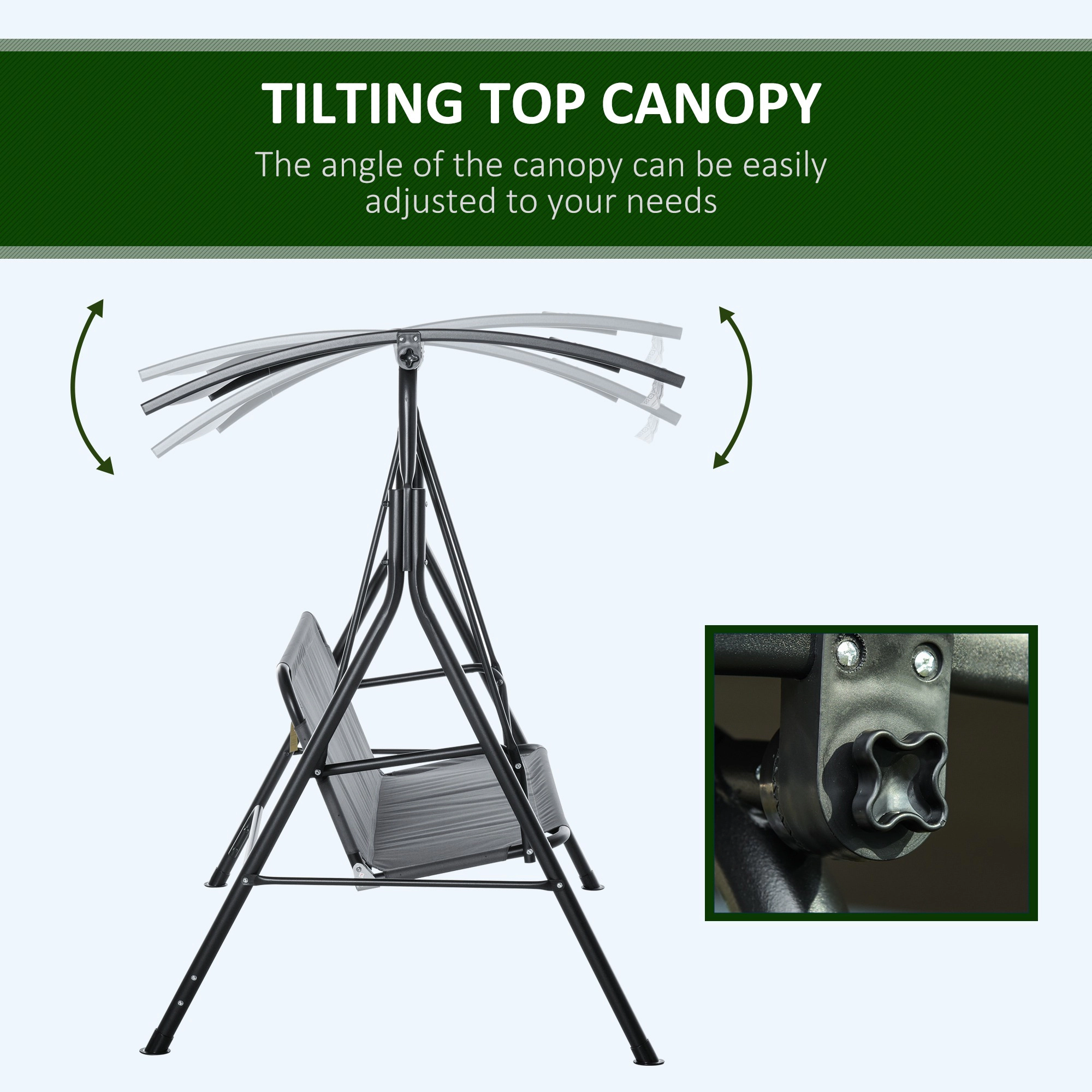 HONGGE 3-Person Porch Swing with A-Frame Stand, Adjustable Tilt Canopy, Powder-Coated Steel, 440 lb Capacity, Gray