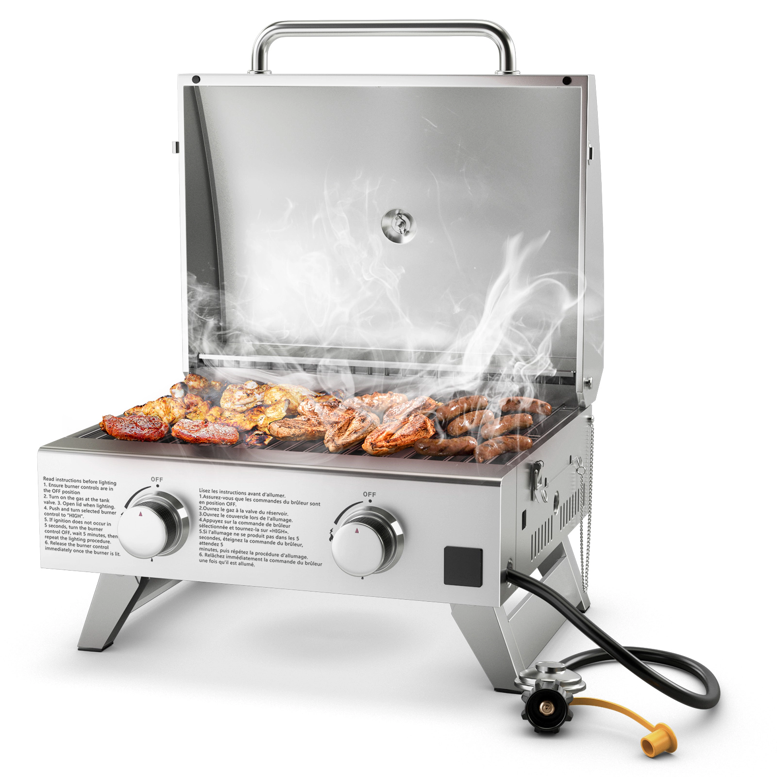 SUGIFT Dual 10,000 BTU Stainless Steel Propane Grill with Lid Portable Gas Grill Silver